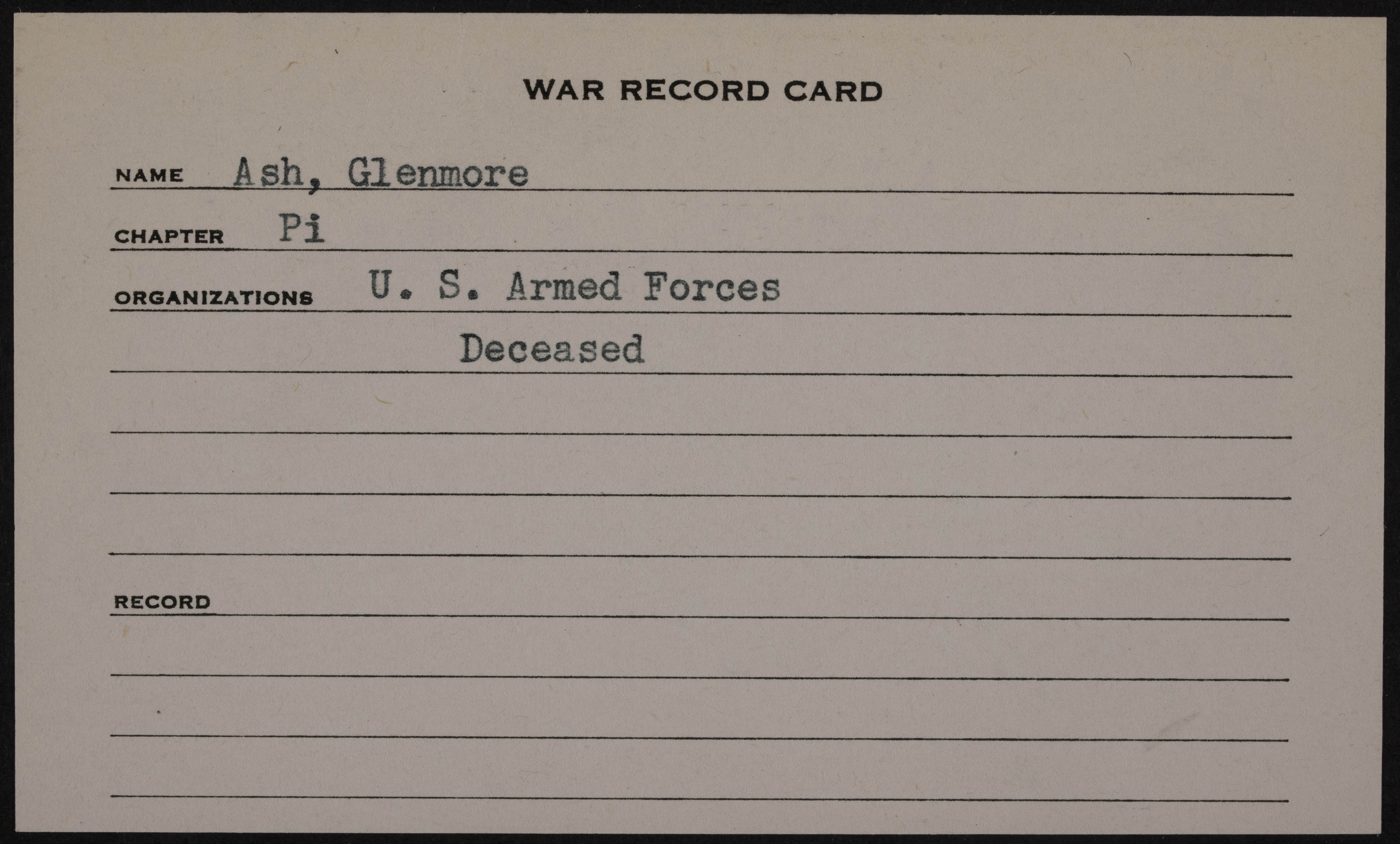 Glenmore Murrell Ash War Record Card