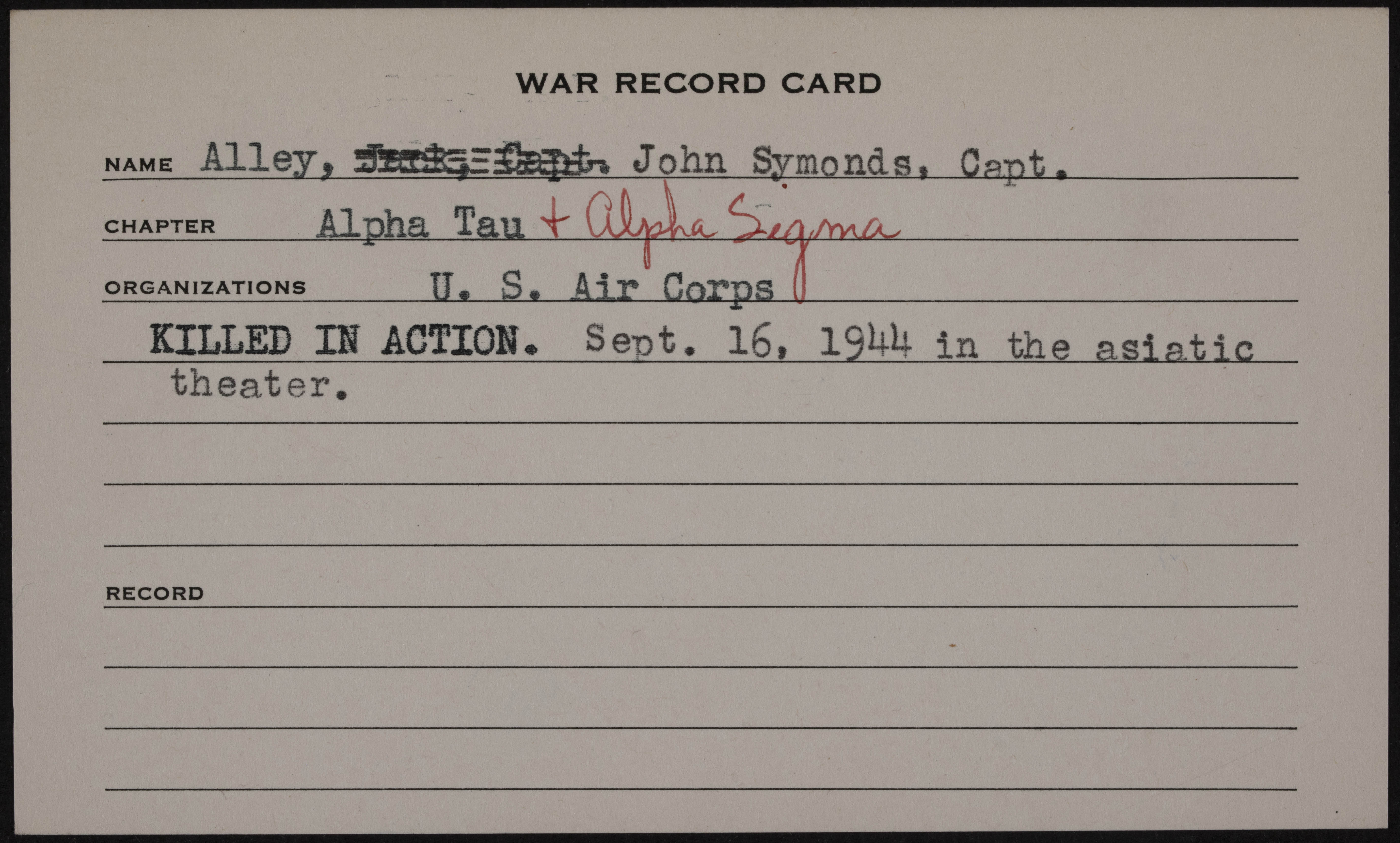 John Symonds Alley Jr. War Record Card