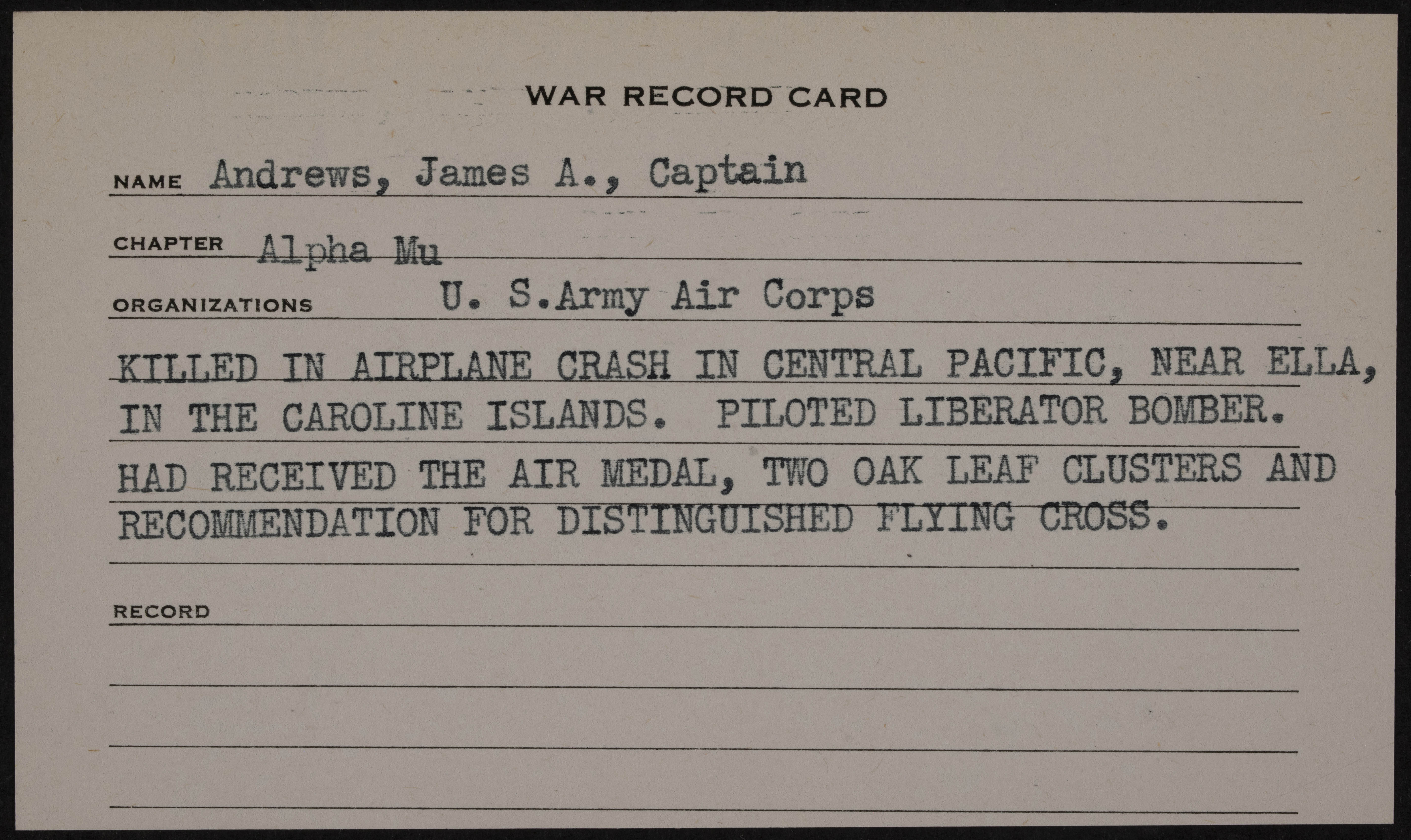 James Alfred Andrews Jr. War Record Card