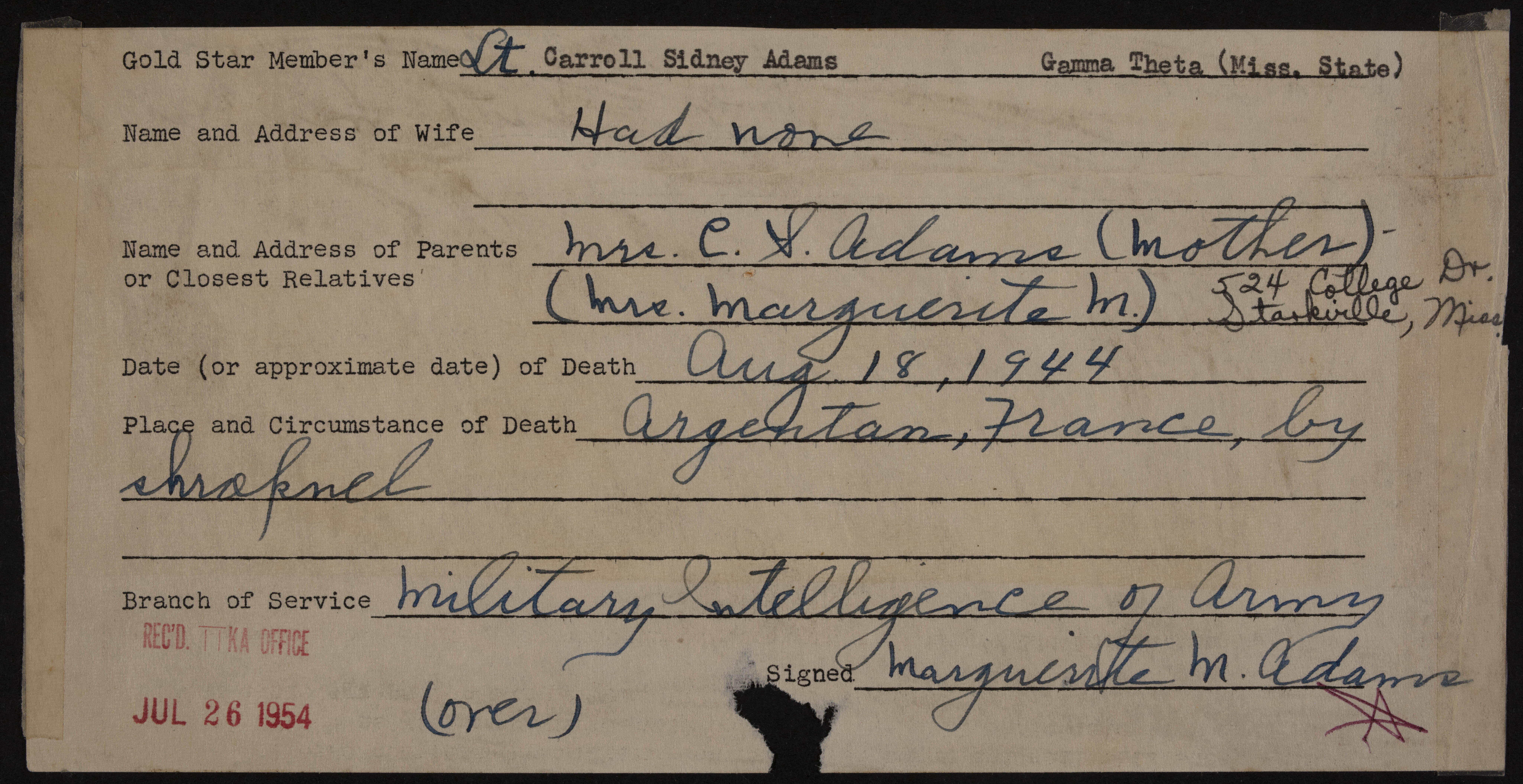 Carroll Sidney Adams Jr. War Record Form, July 26, 1954