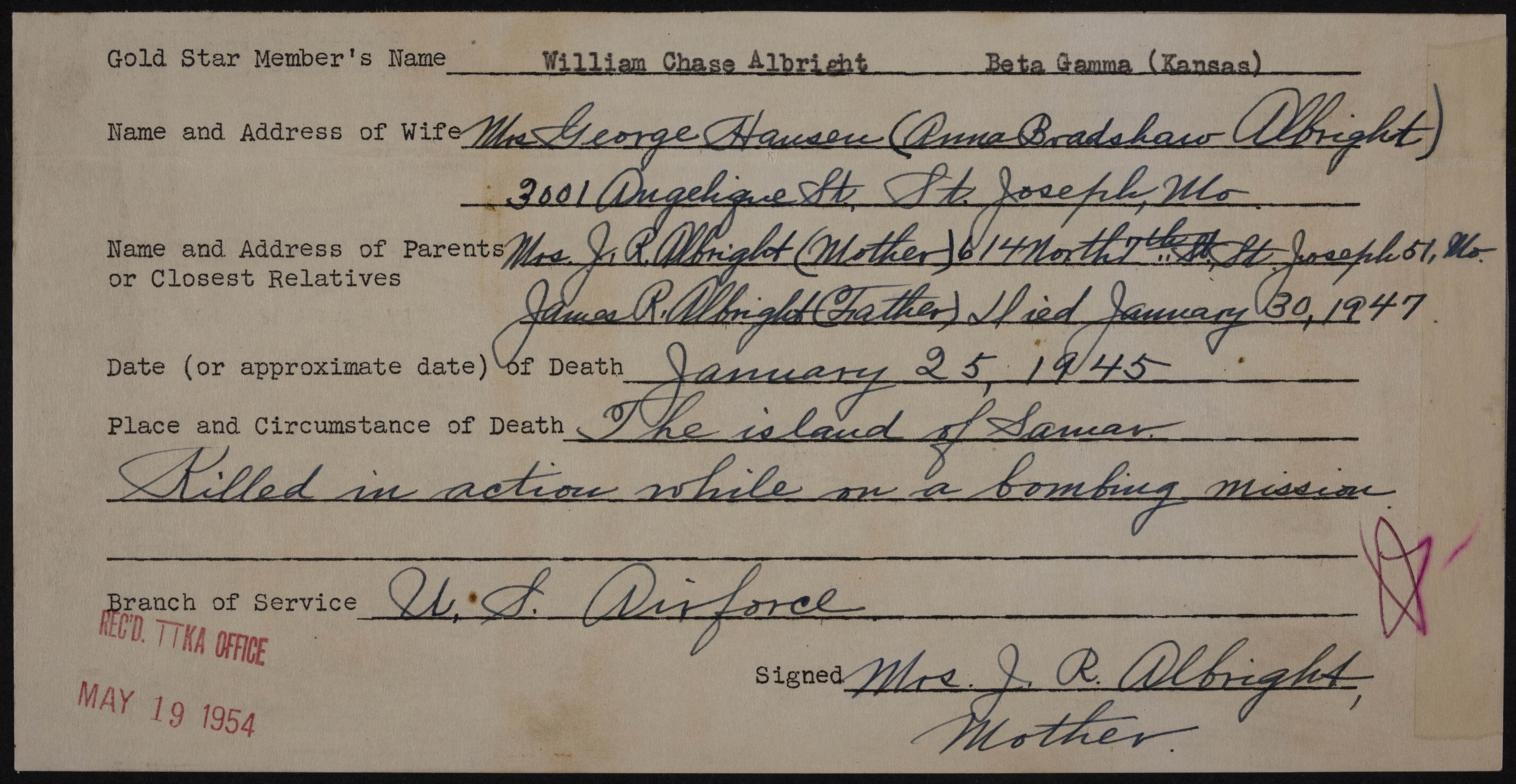 William Chase Albright War Record Form, May 19, 1954