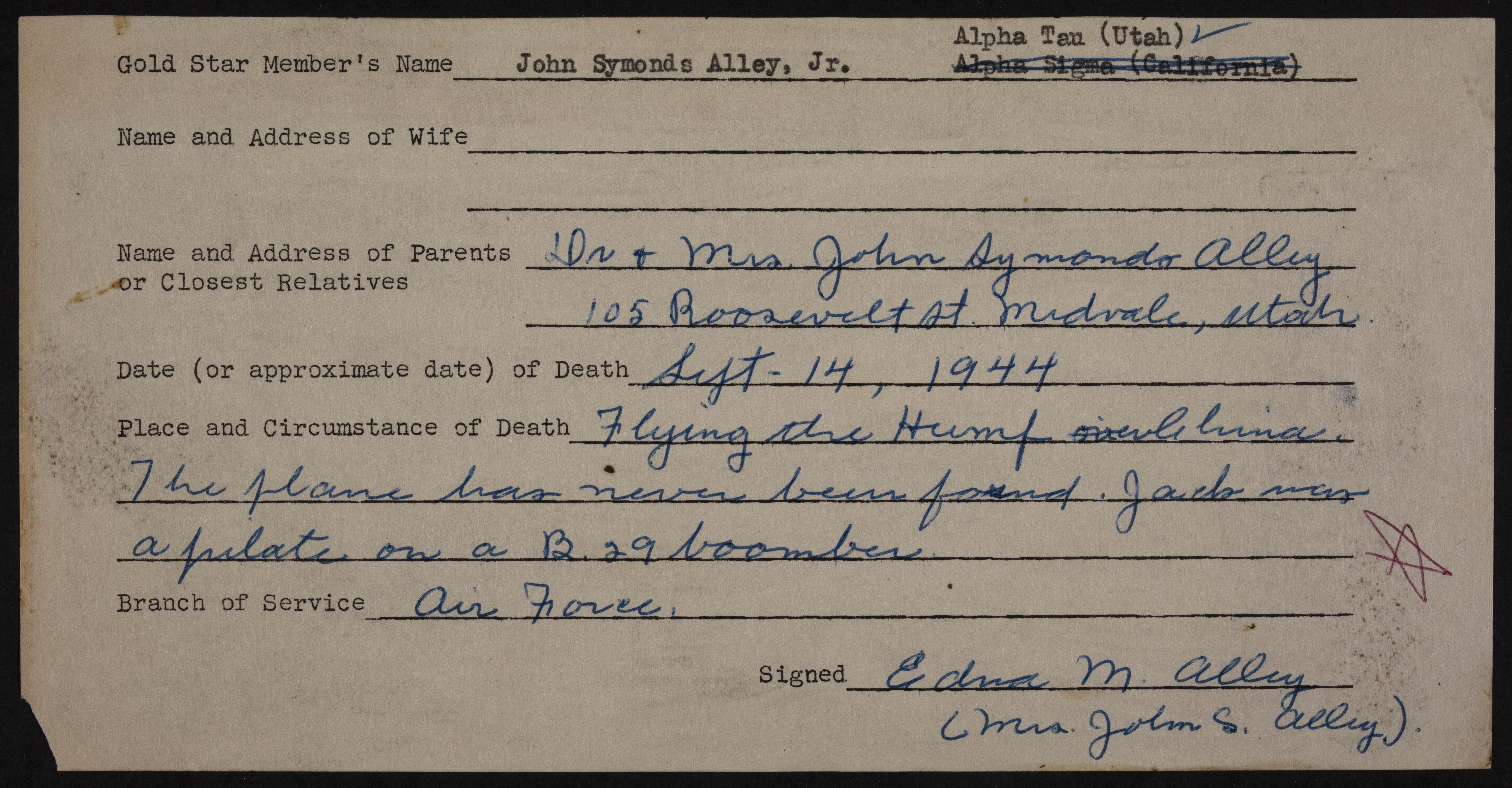 John Symonds Alley Jr. War Record Form