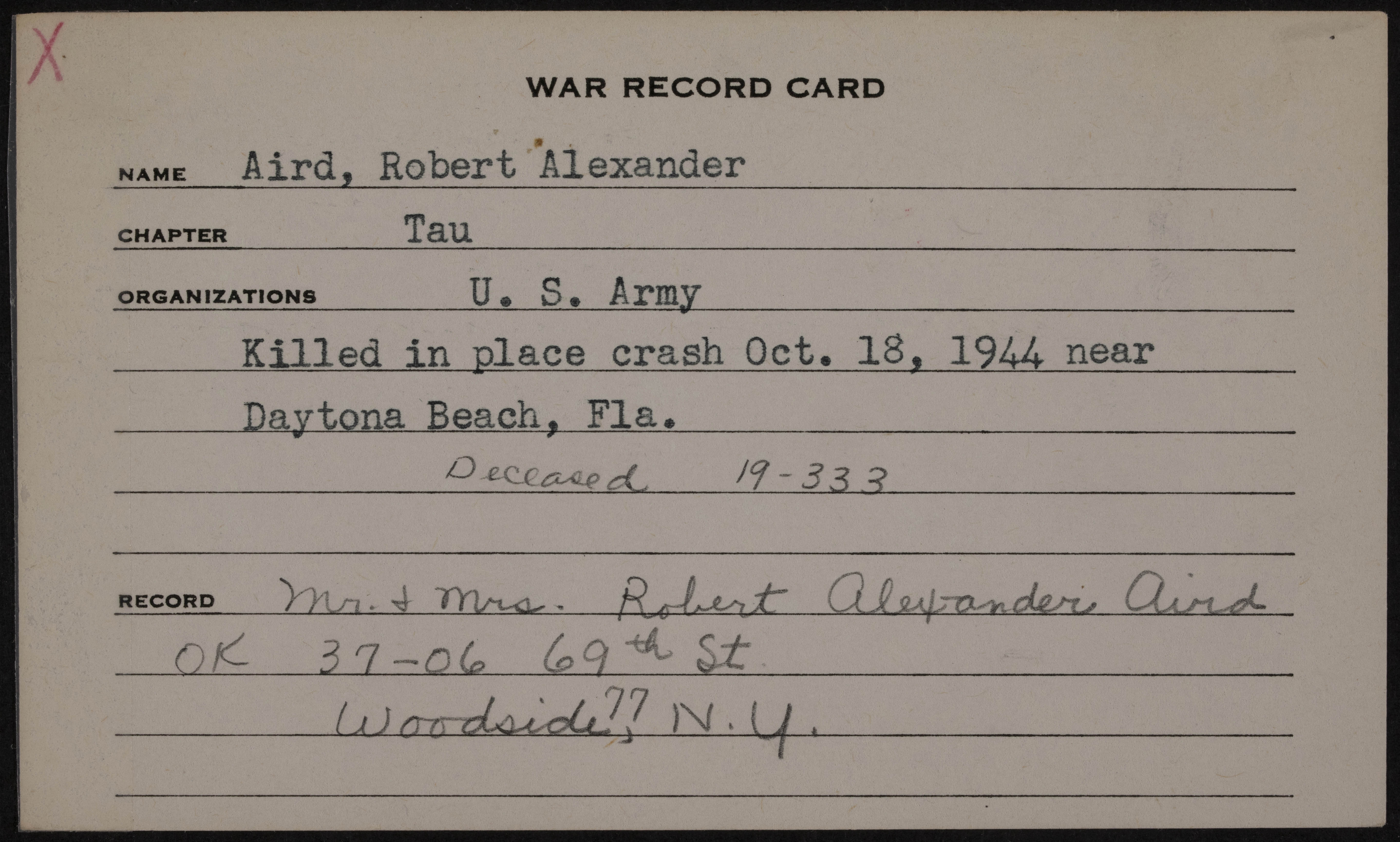 Robert Alexander Aird Jr. War Record Card
