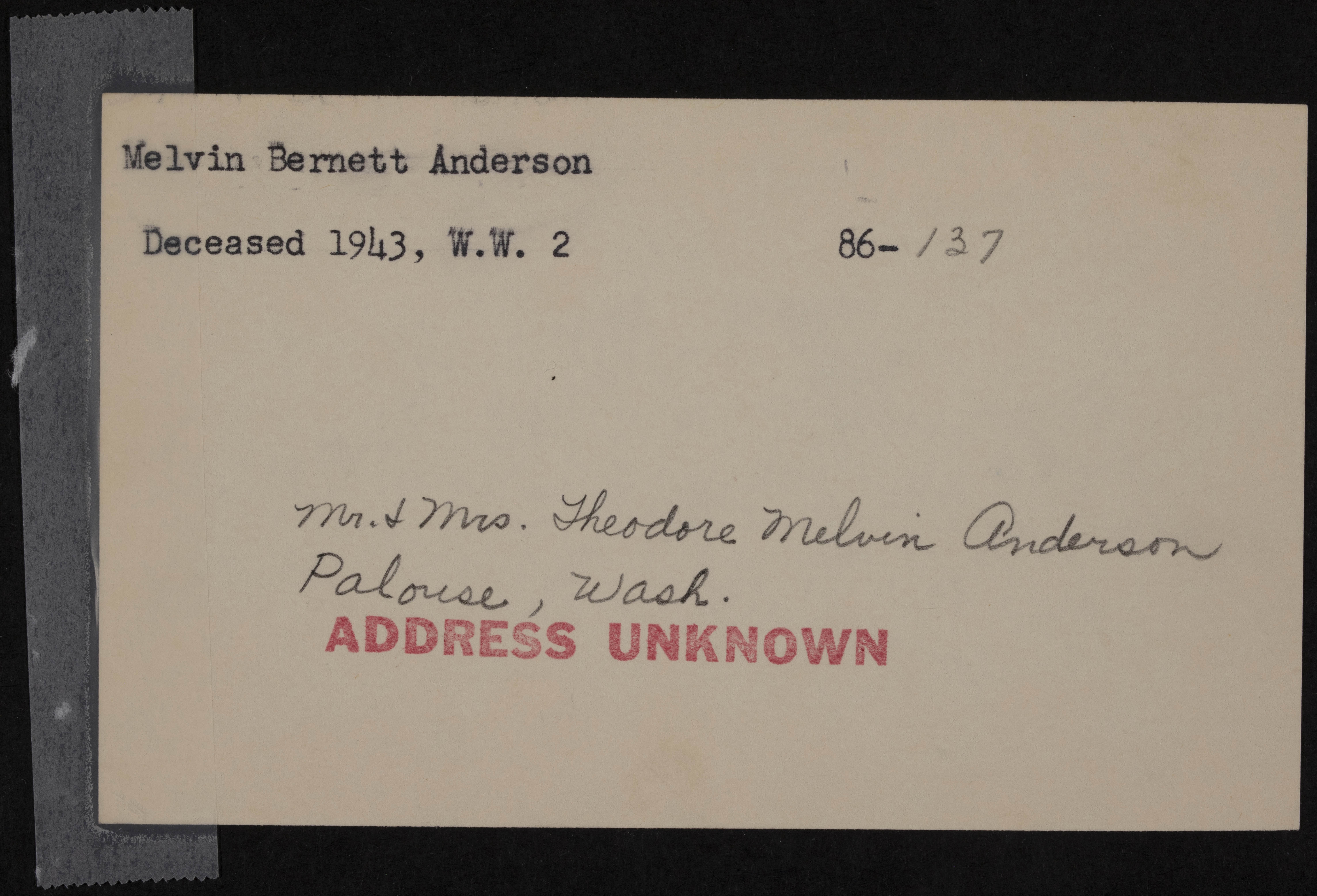 Melvin Bernett Anderson War Record Card