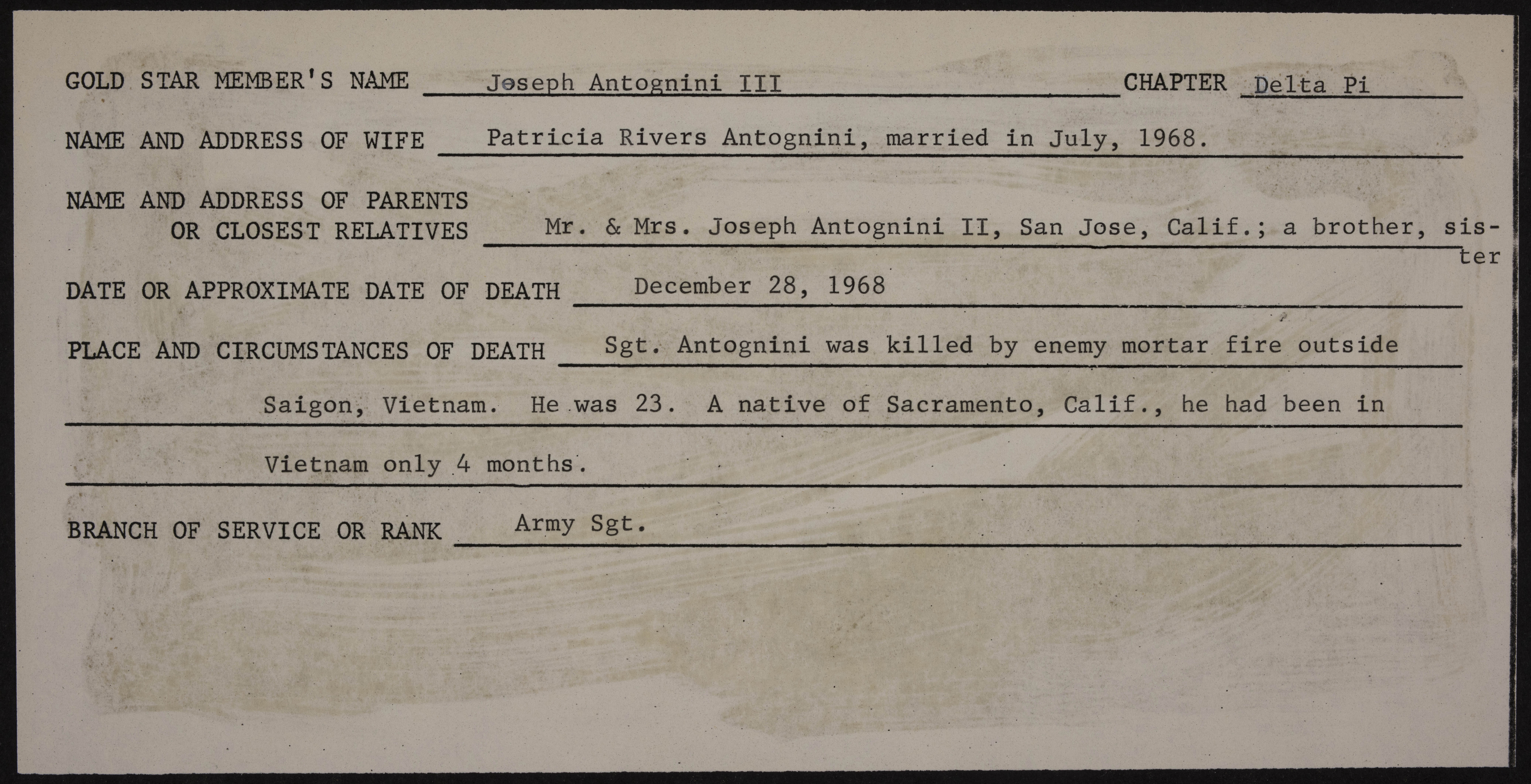 Joseph Antognini War Record Form