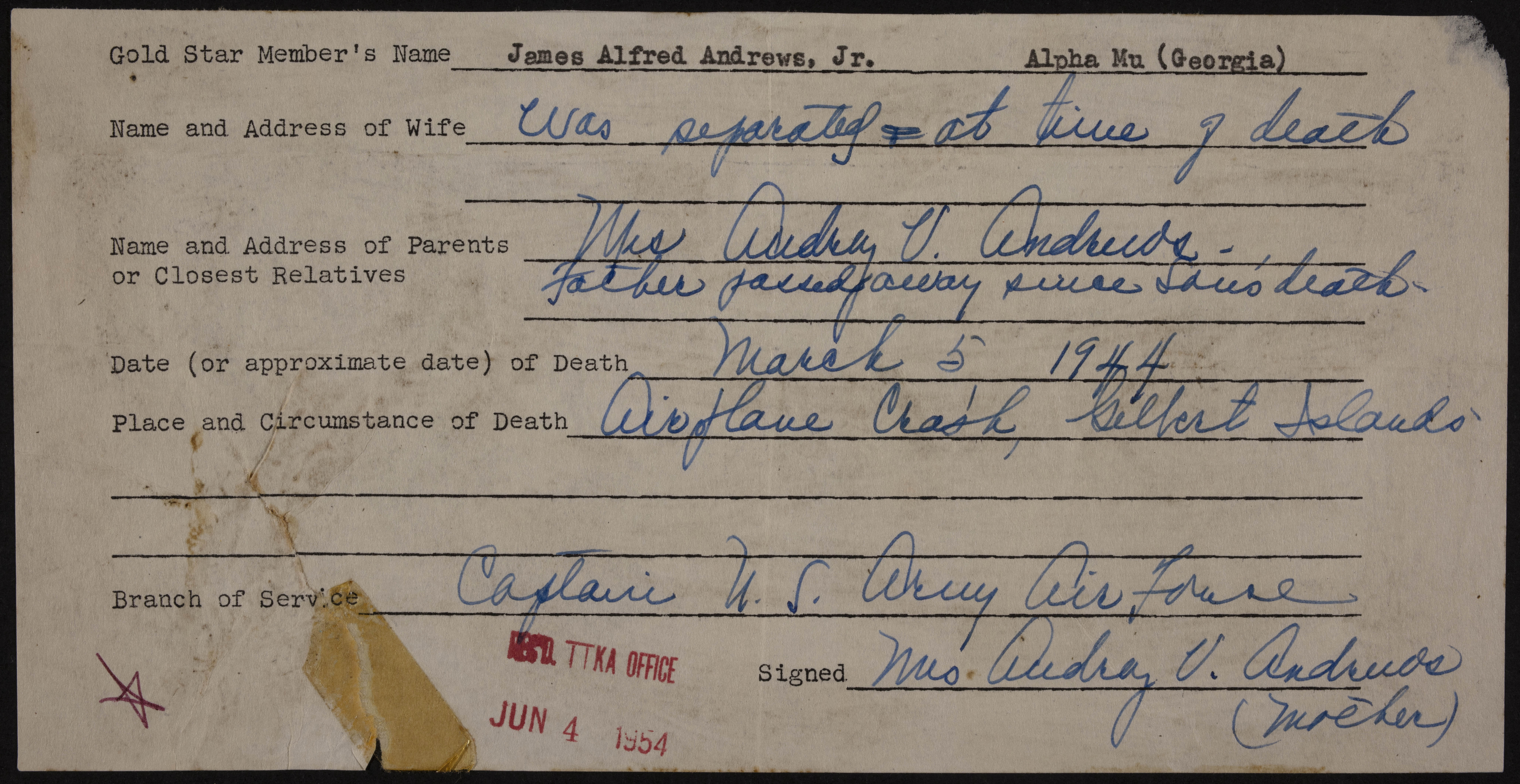 James Alfred Andrews Jr. War Record Form, June 4, 1954