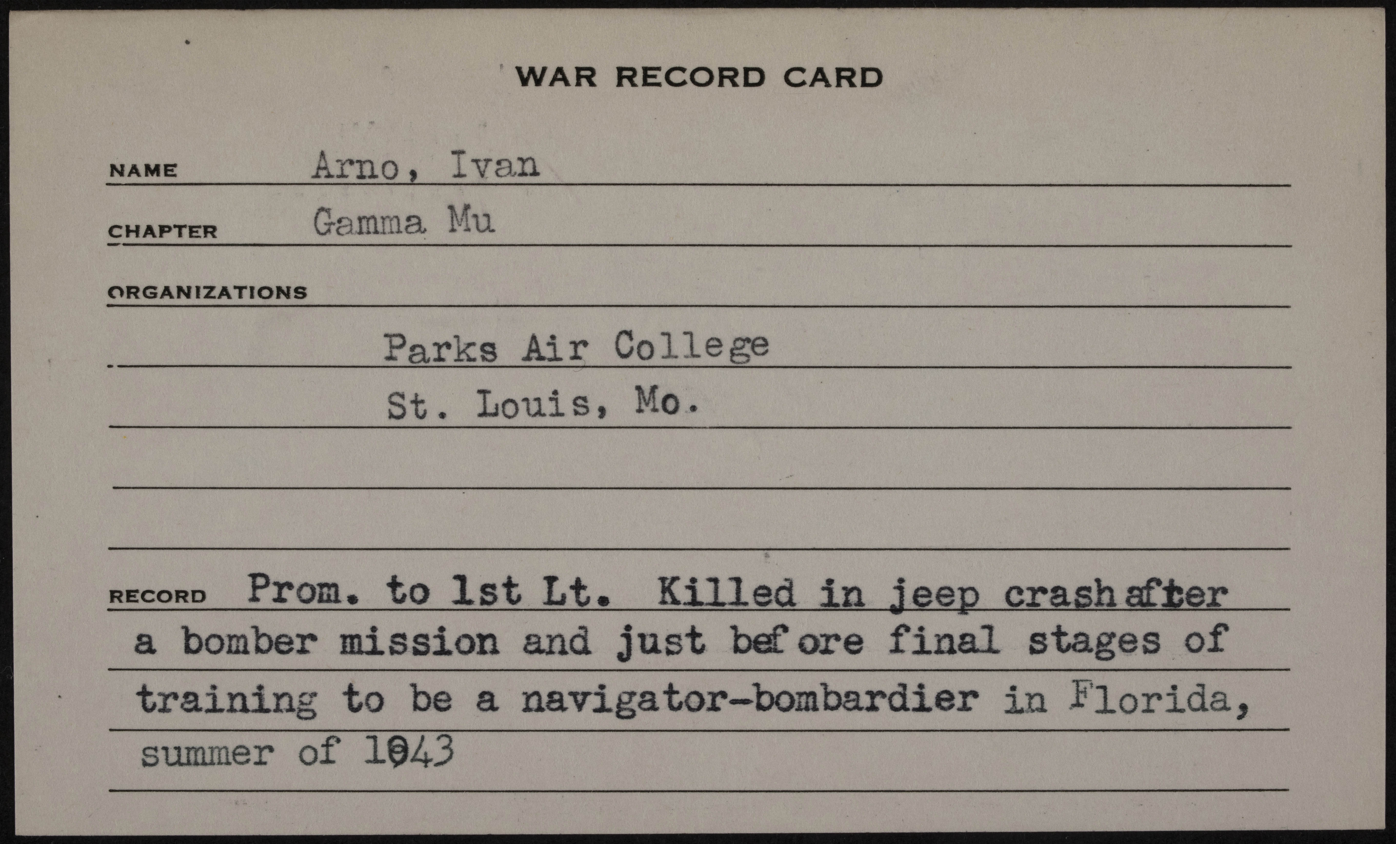 Ivan Winfield Arno Jr. War Record Card