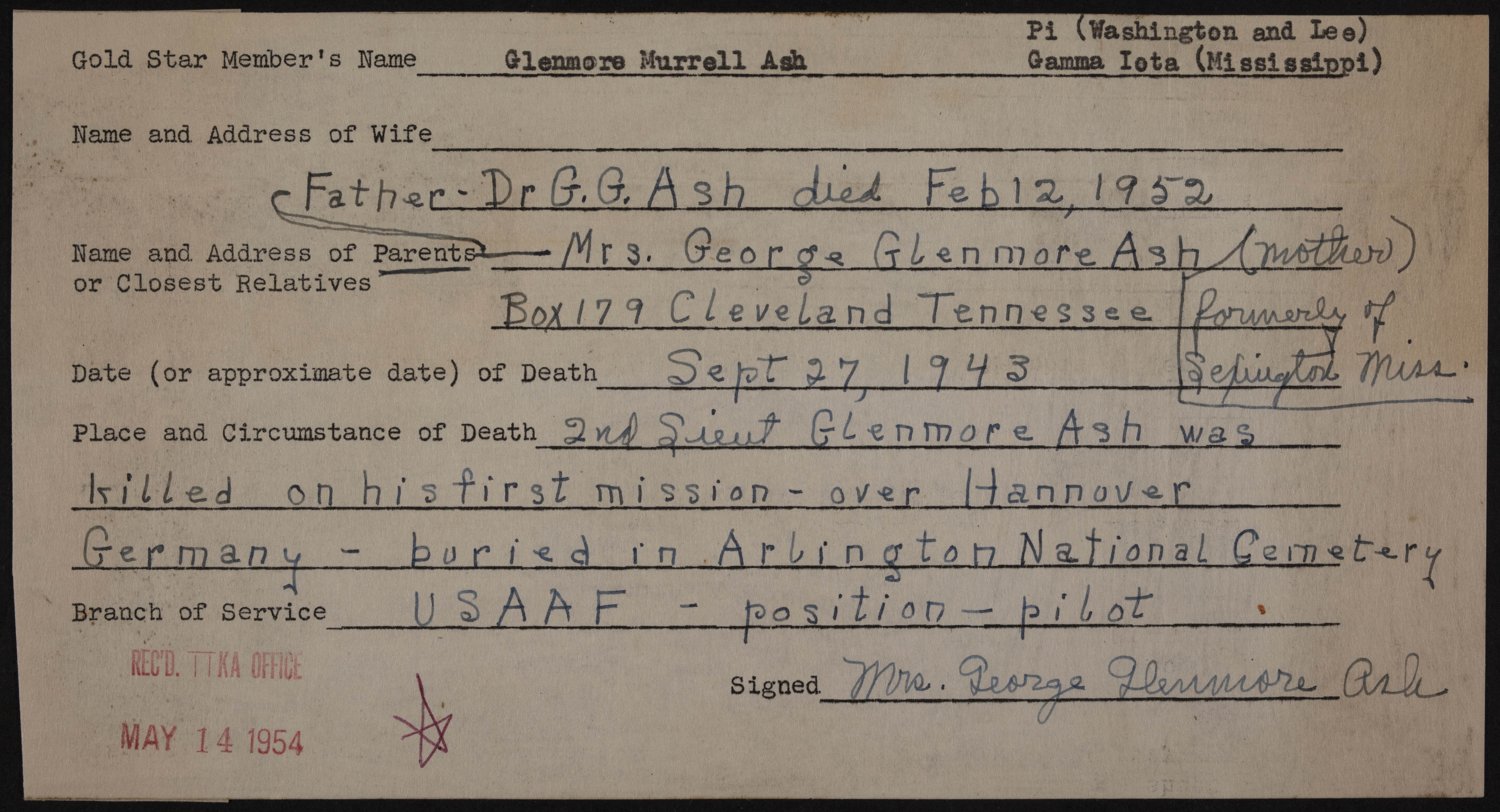 Glenmore Murrell Ash War Record Form, May 14, 1954