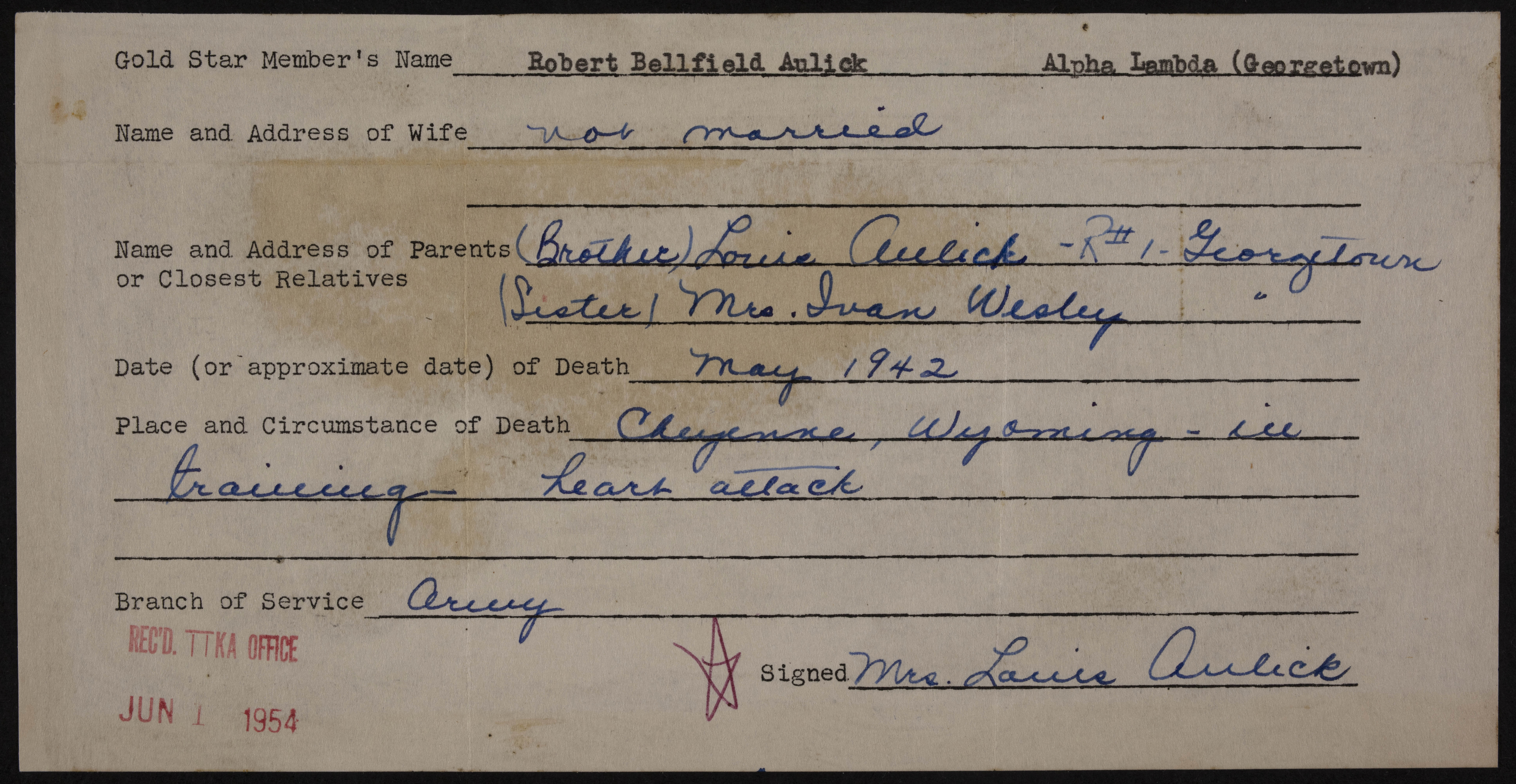 Robert Bellfield Aulick War Record Form, June 1, 1954
