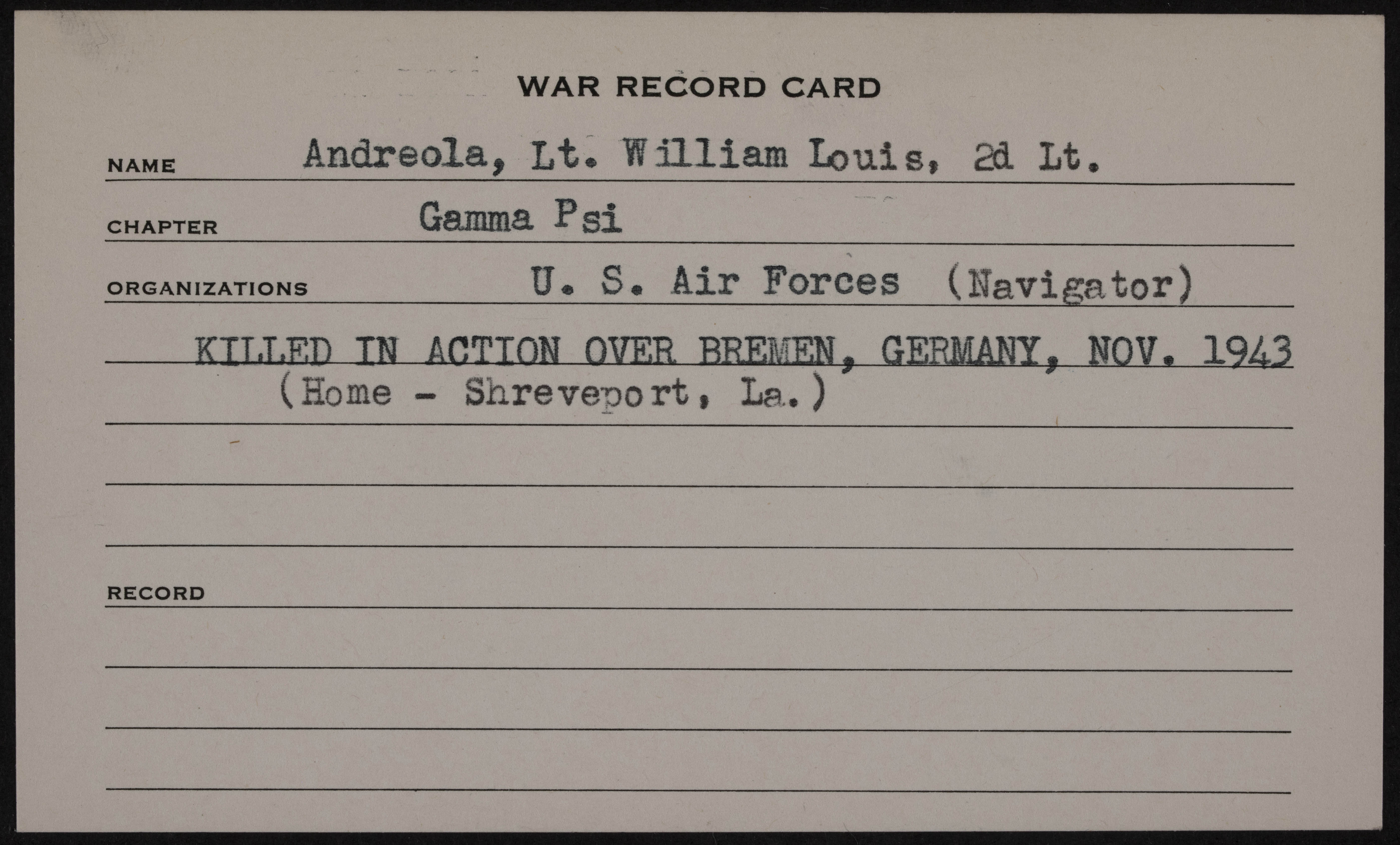 William Louis Andreola Jr. War Record Card