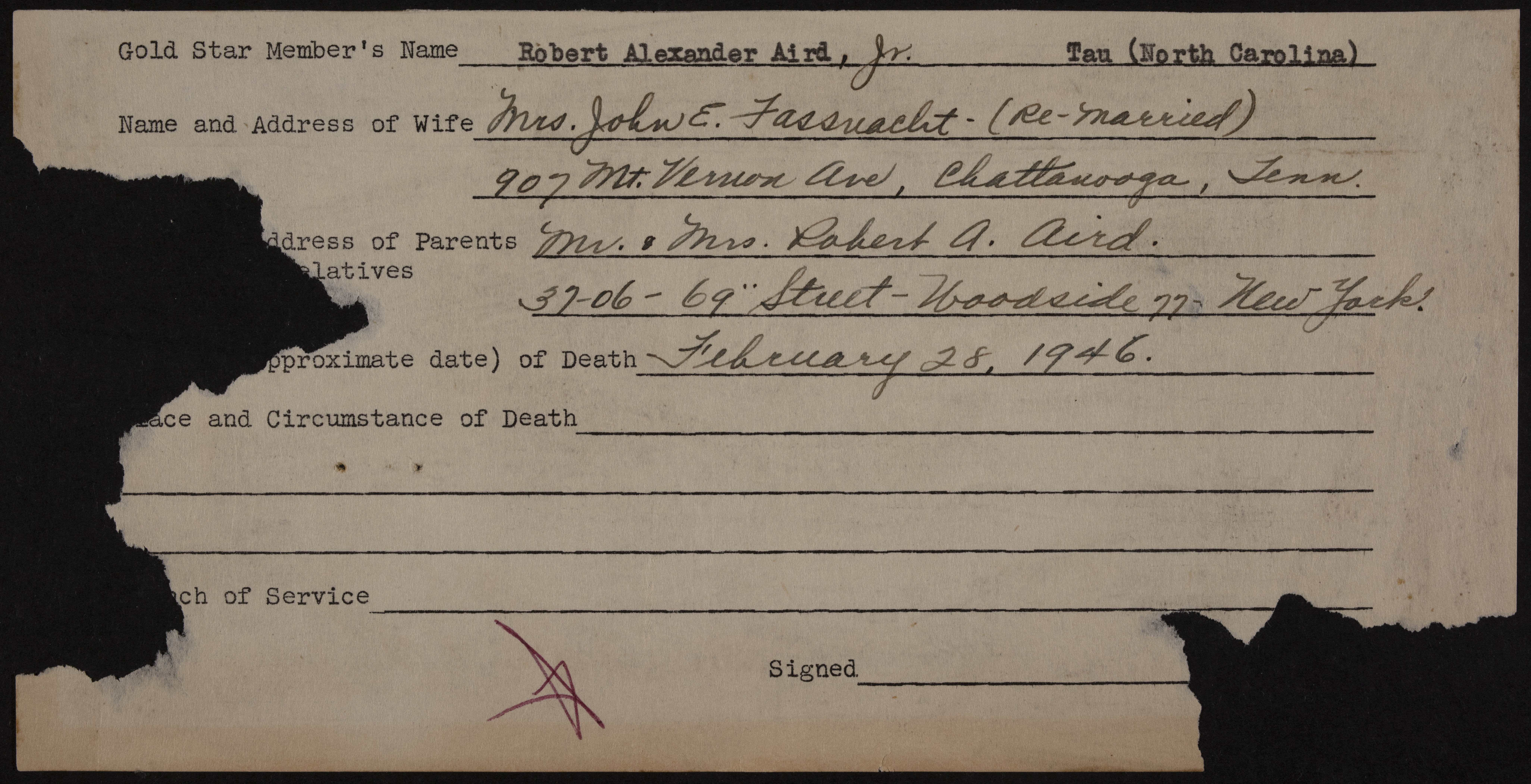 Robert Alexander Aird Jr. War Record Form