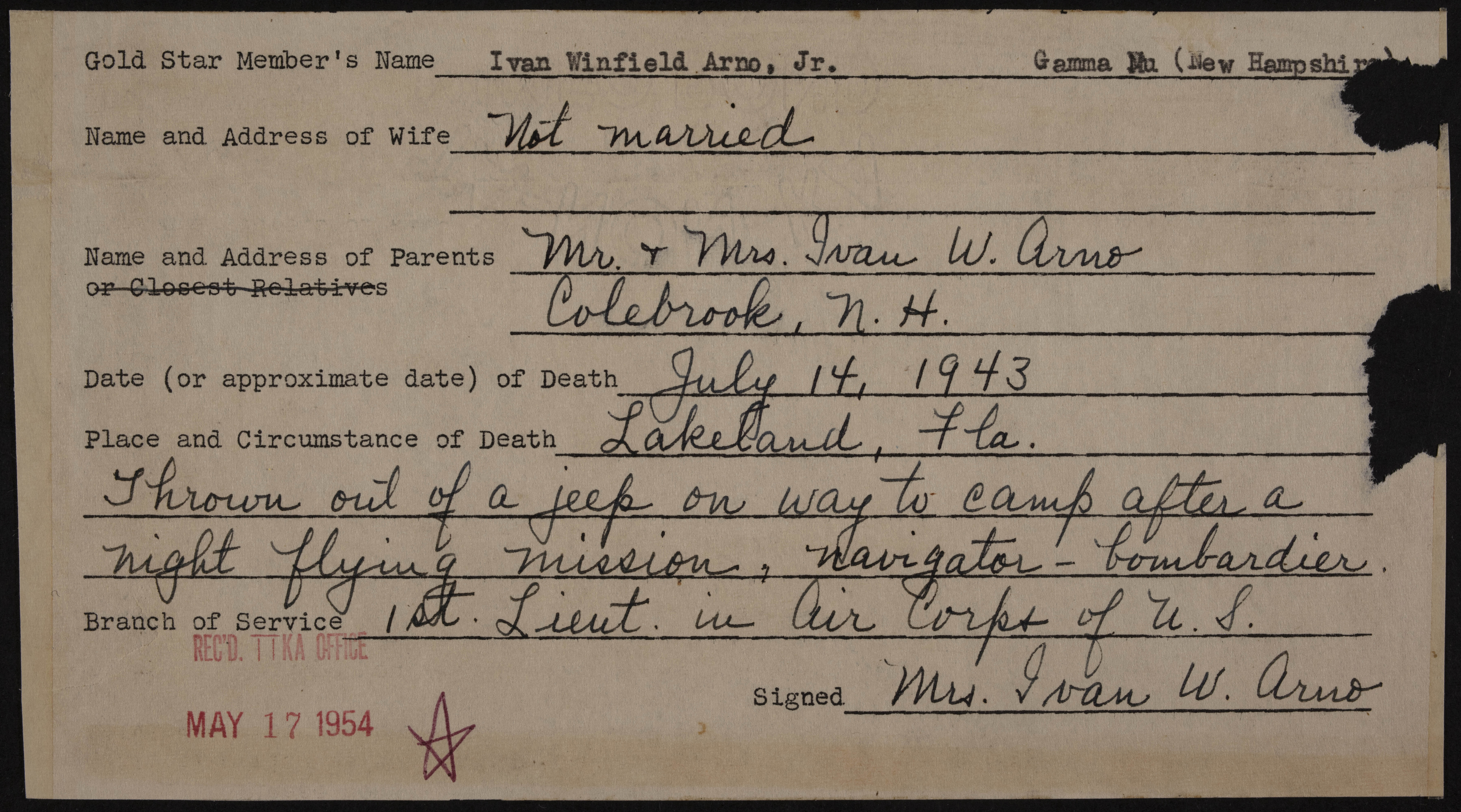 Ivan Winfield Arno Jr. War Record Form, May 17, 1954