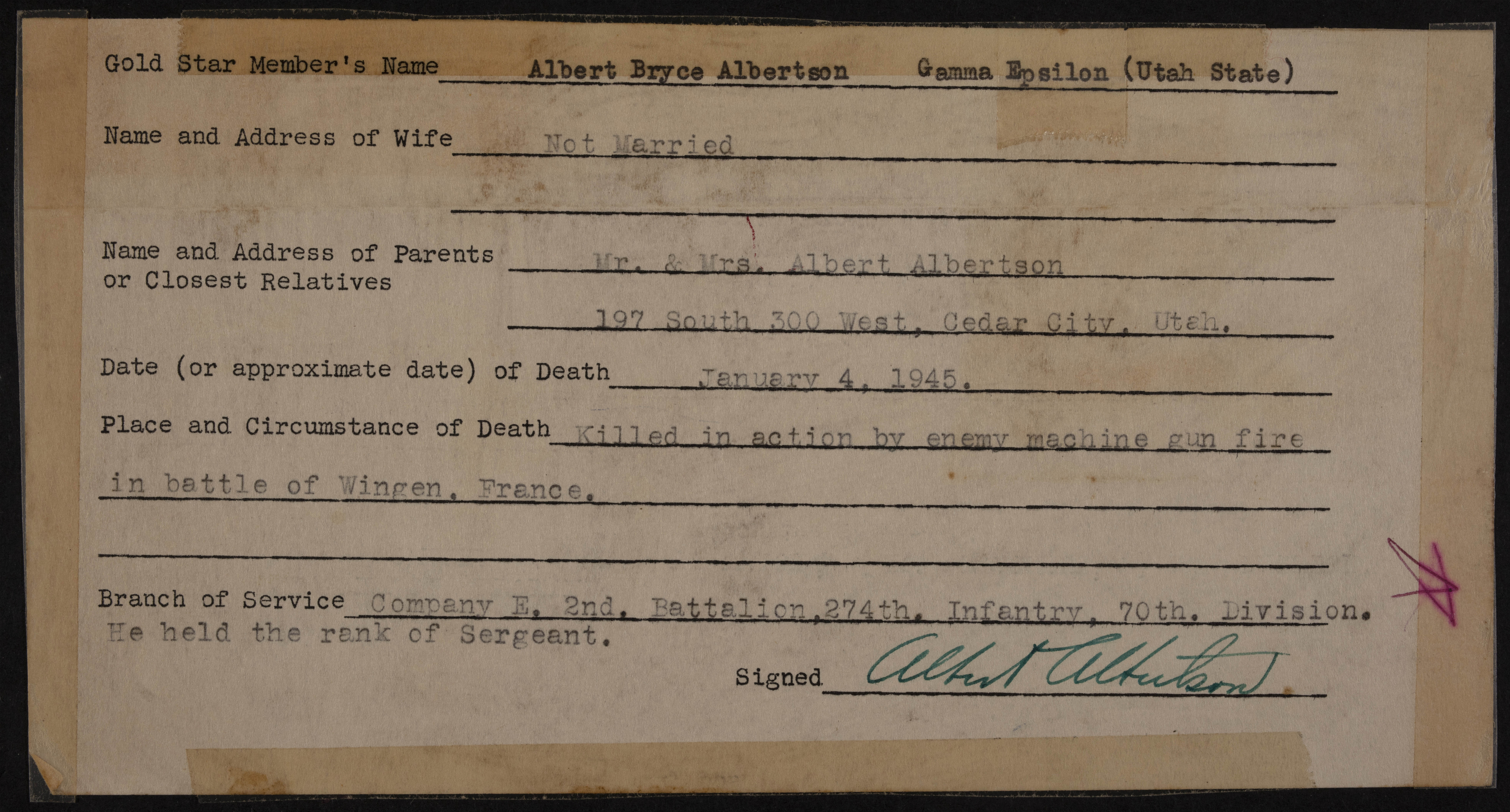 Albert Bryce Albertson War Record Form