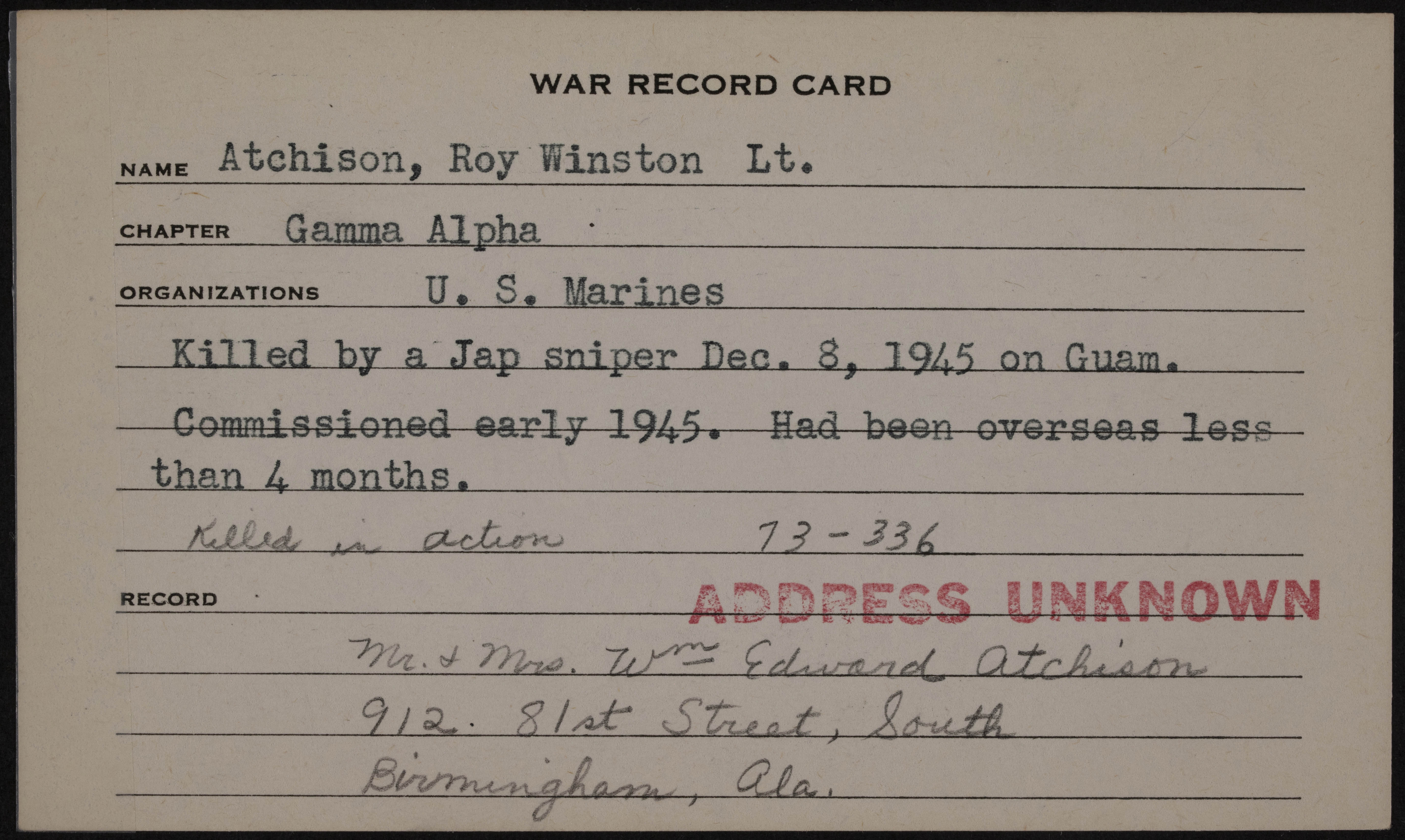 Roy Winston Atchison War Record Card