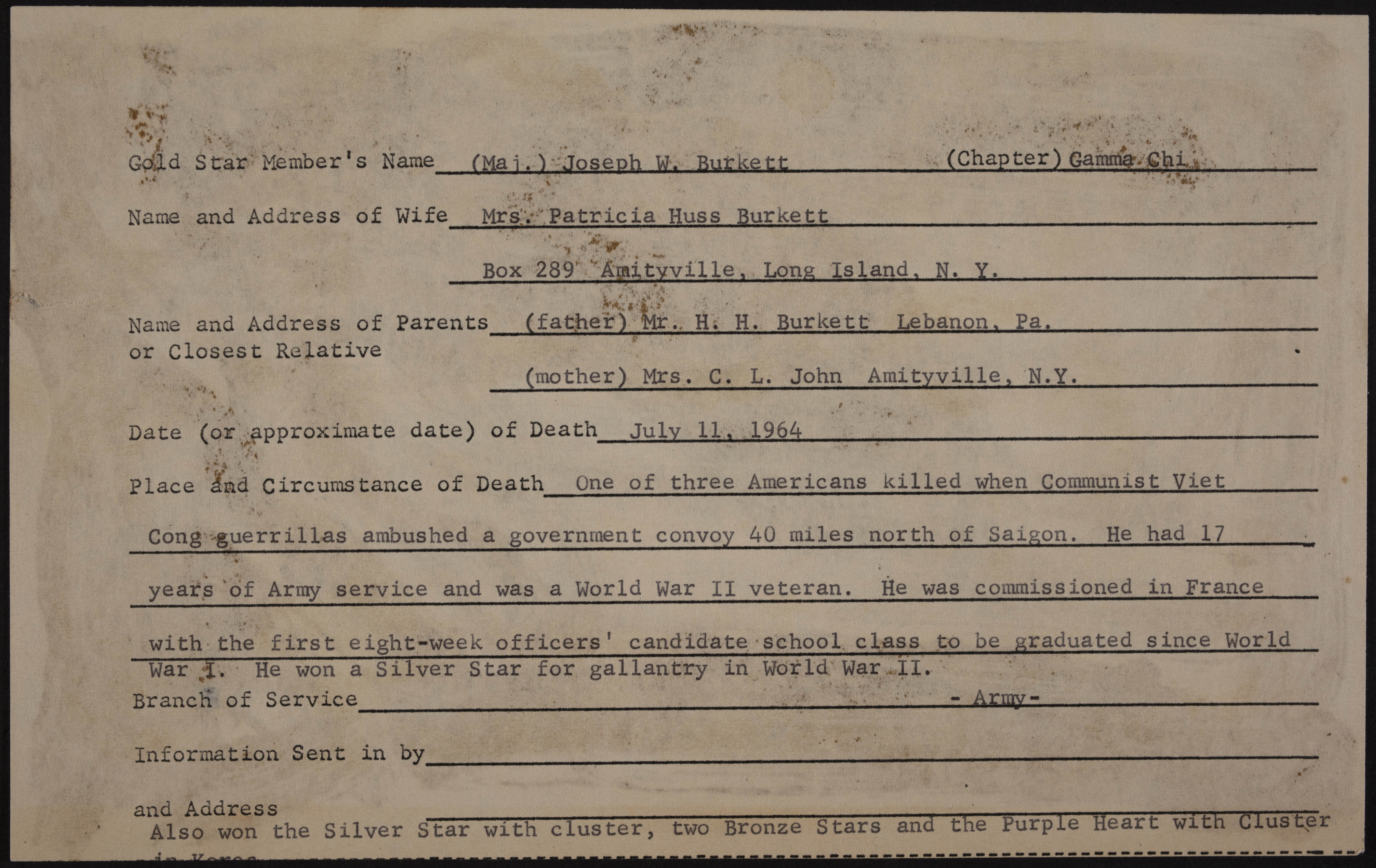 Joseph William Burkett War Record Form