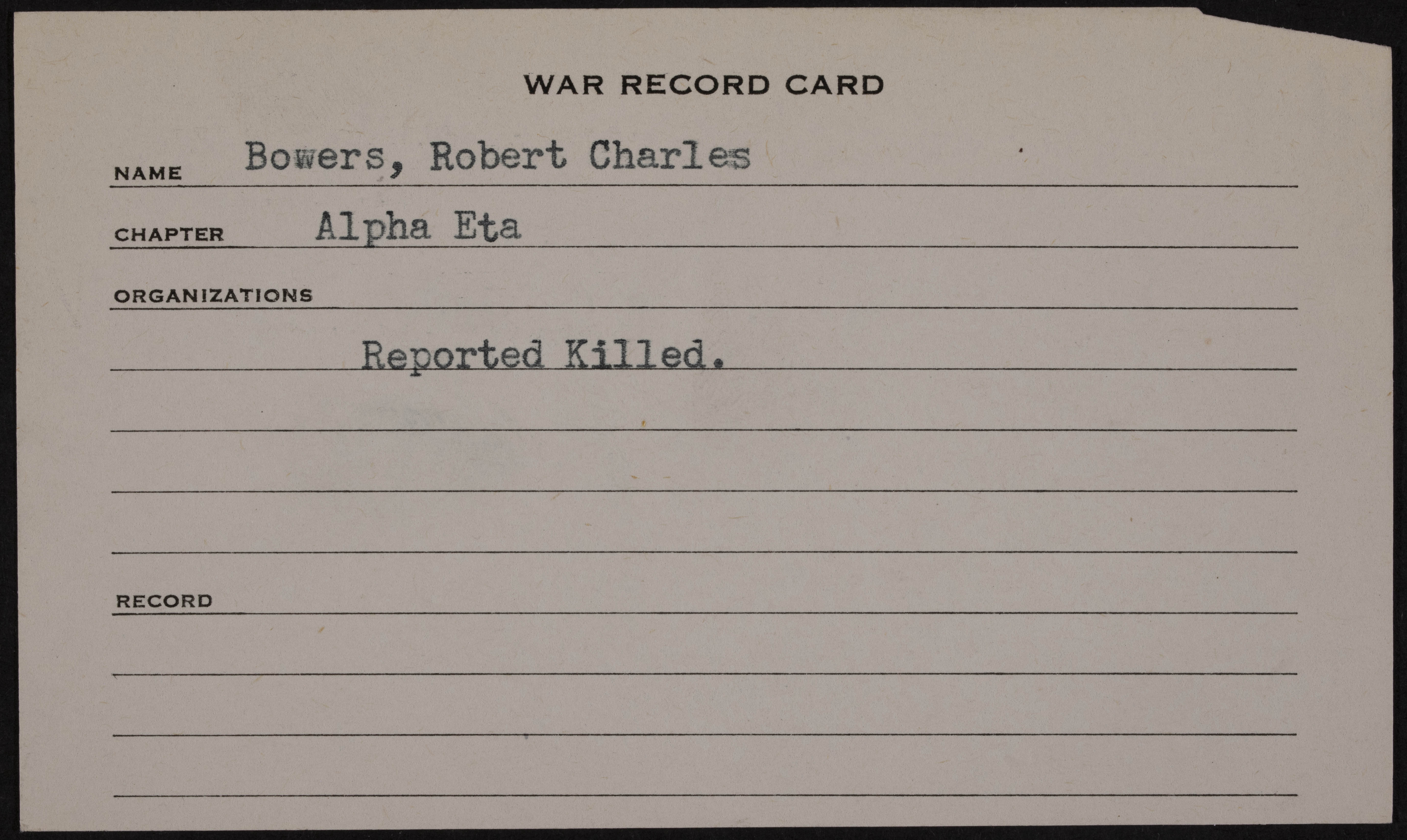 Robert Charles Bowers Jr. War Record Card