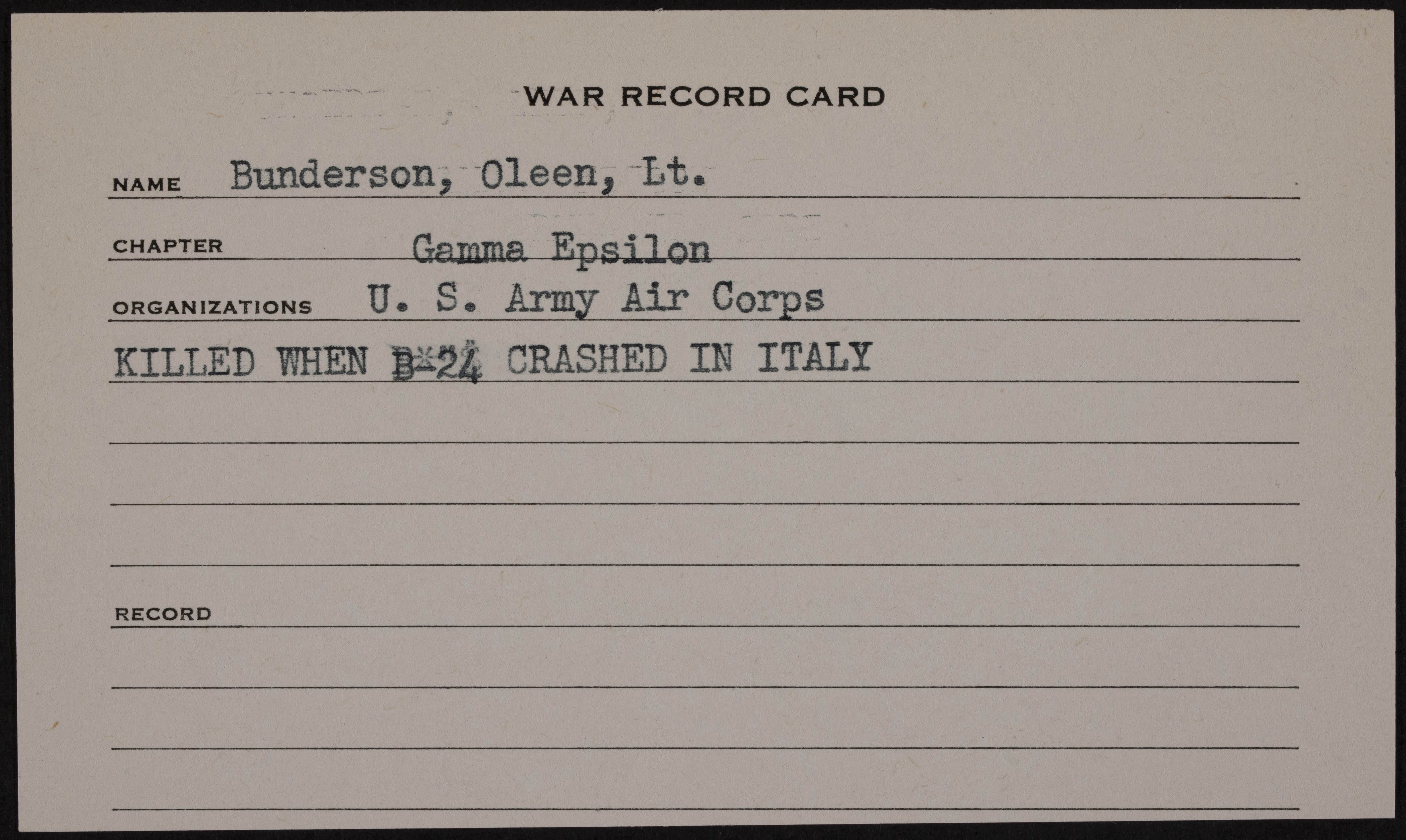 William Oleen Bunderson War Record Card