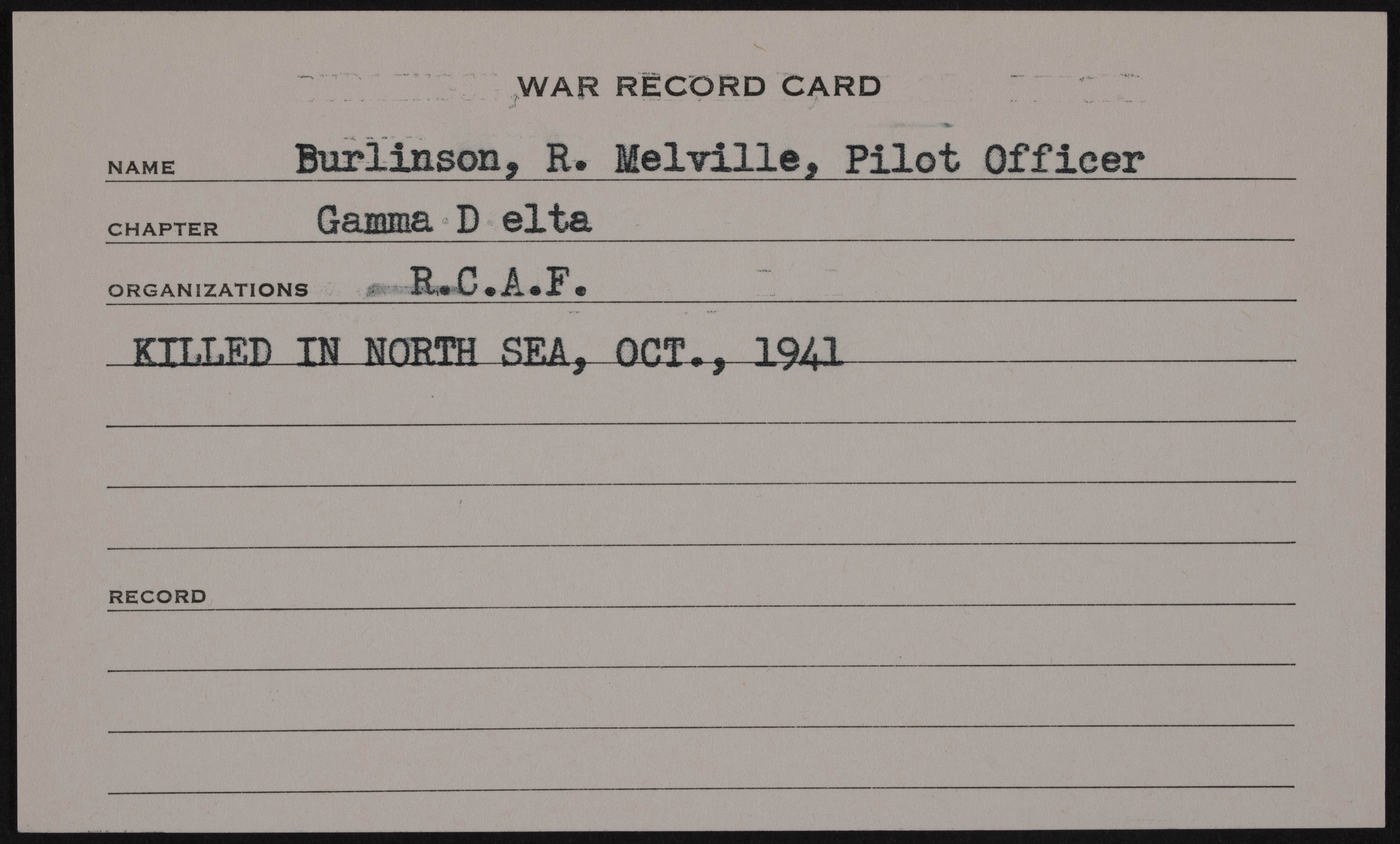 Robert Melville Burlinson War Record Card