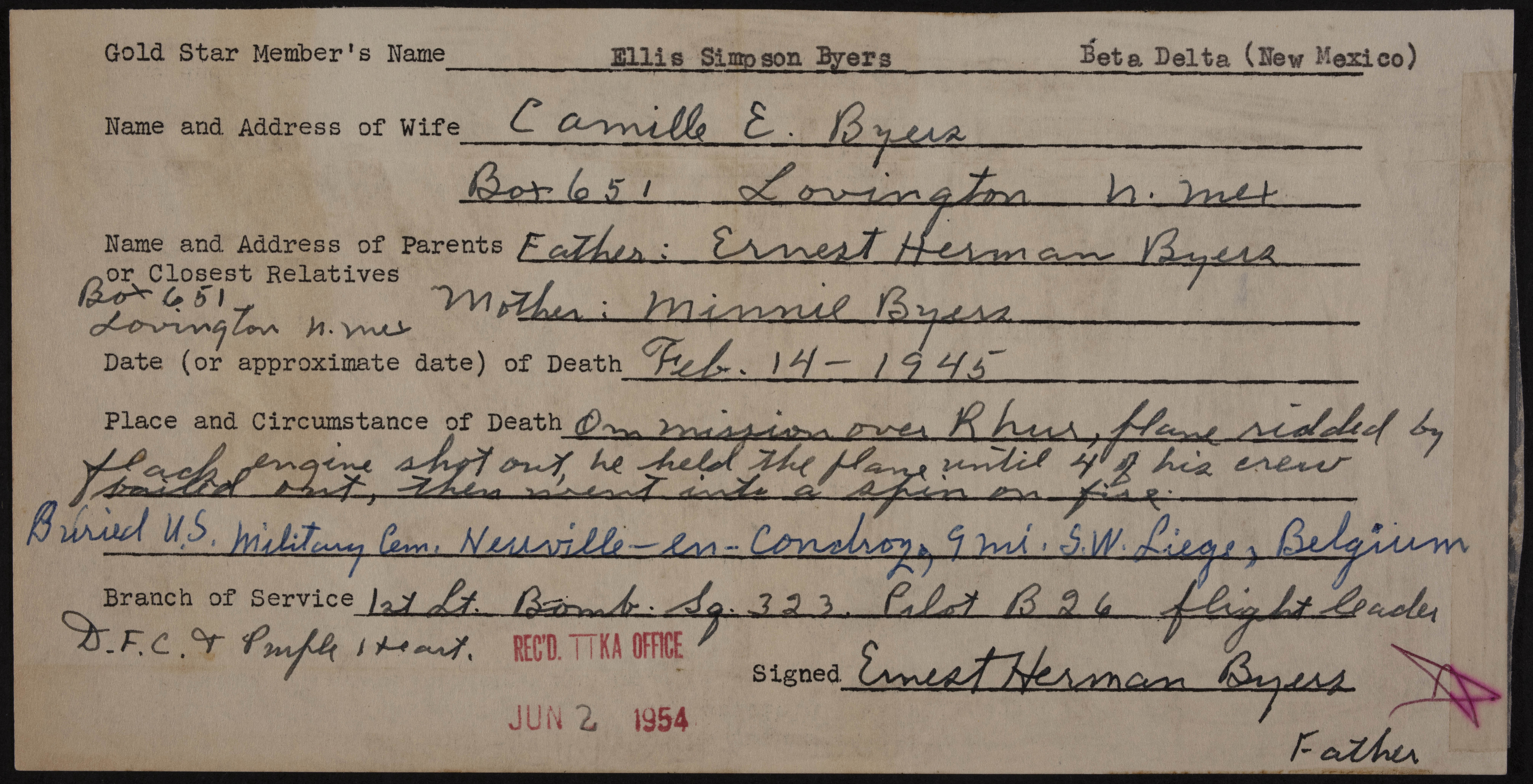 Ellis Simpson Byers War Record Form, June 2, 1954