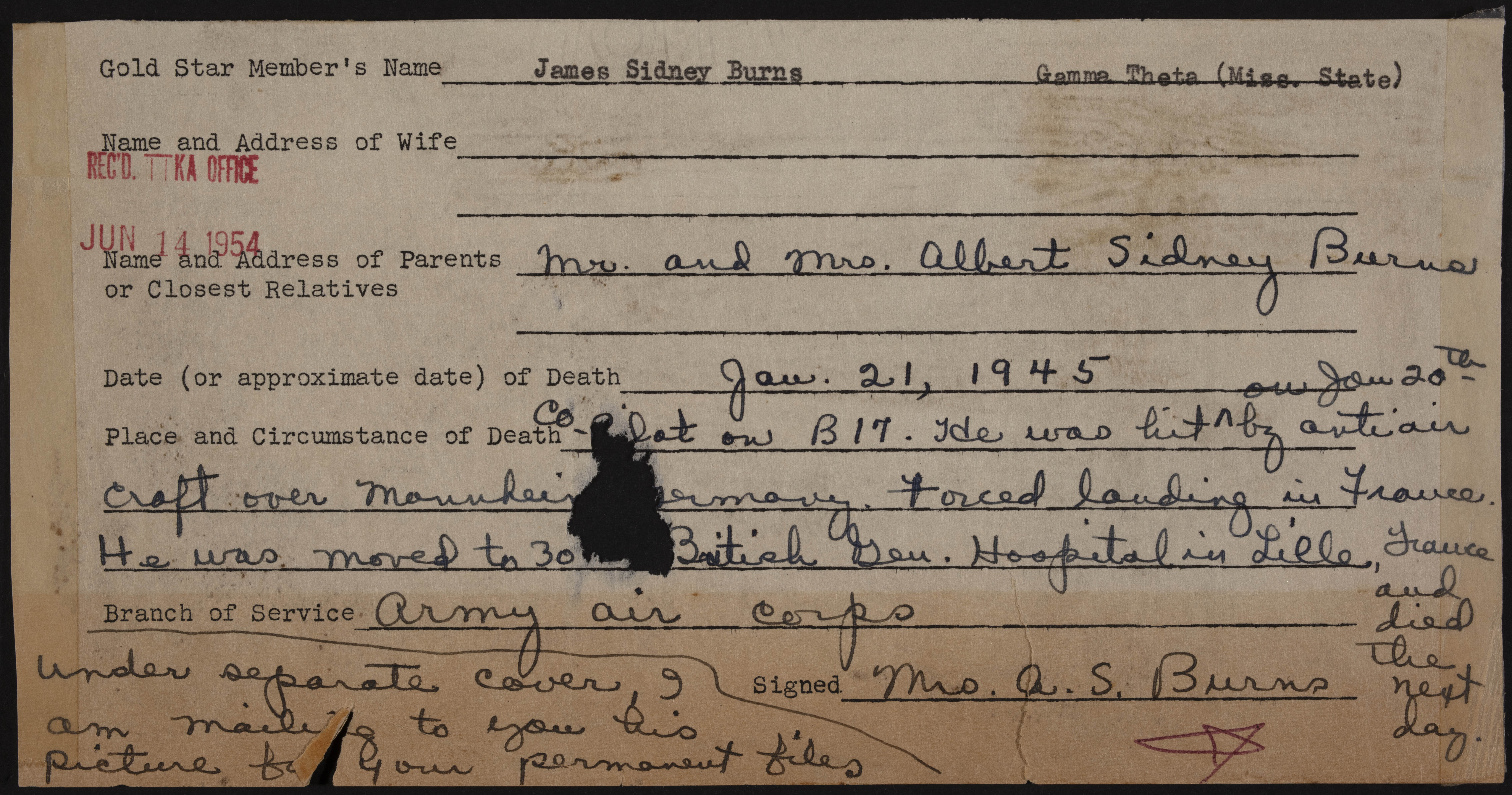 James Sidney Burns War Record Form, June 14, 1954