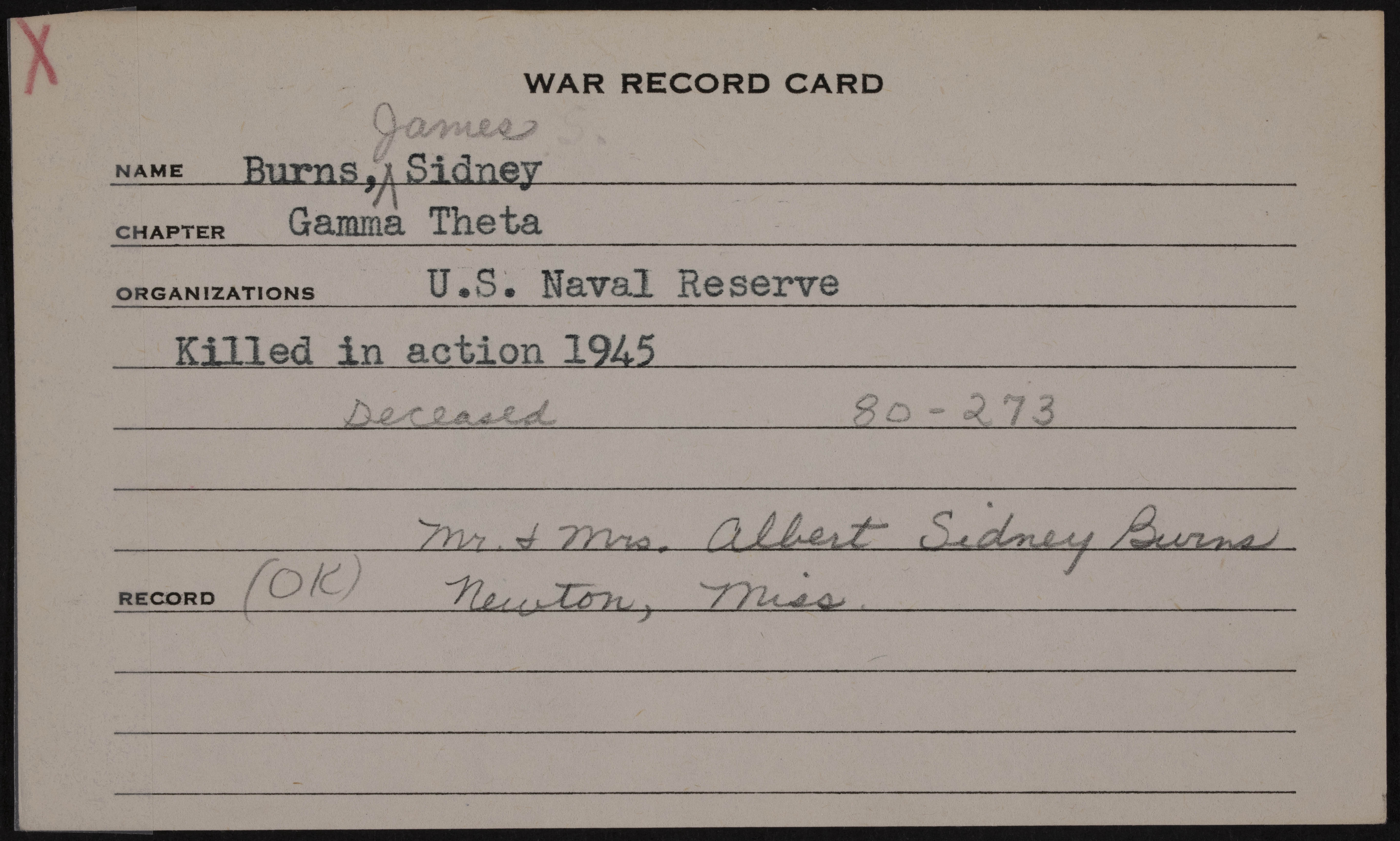 James Sidney Burns War Record Card