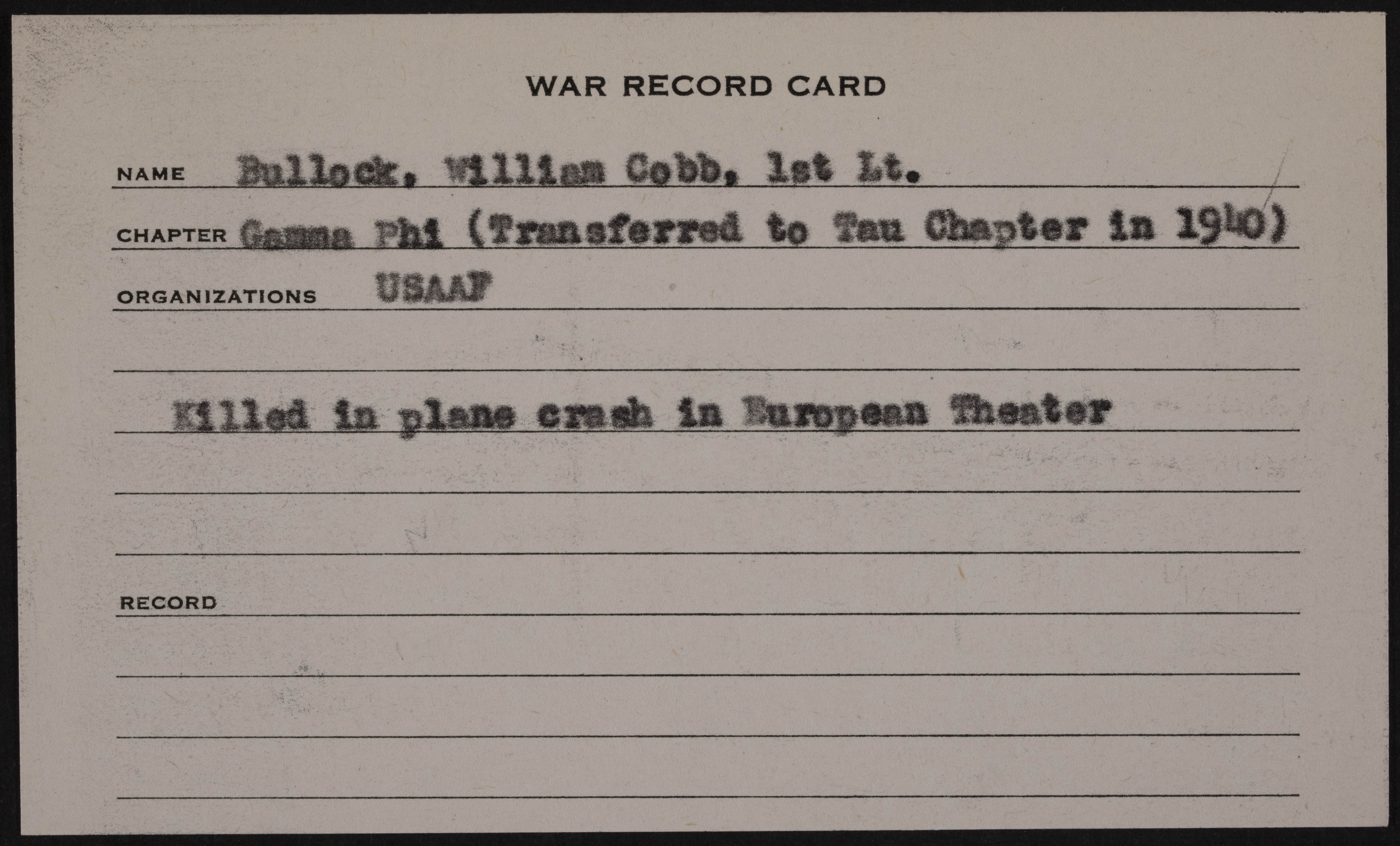 William Cobb Bullock Jr. War Record Card