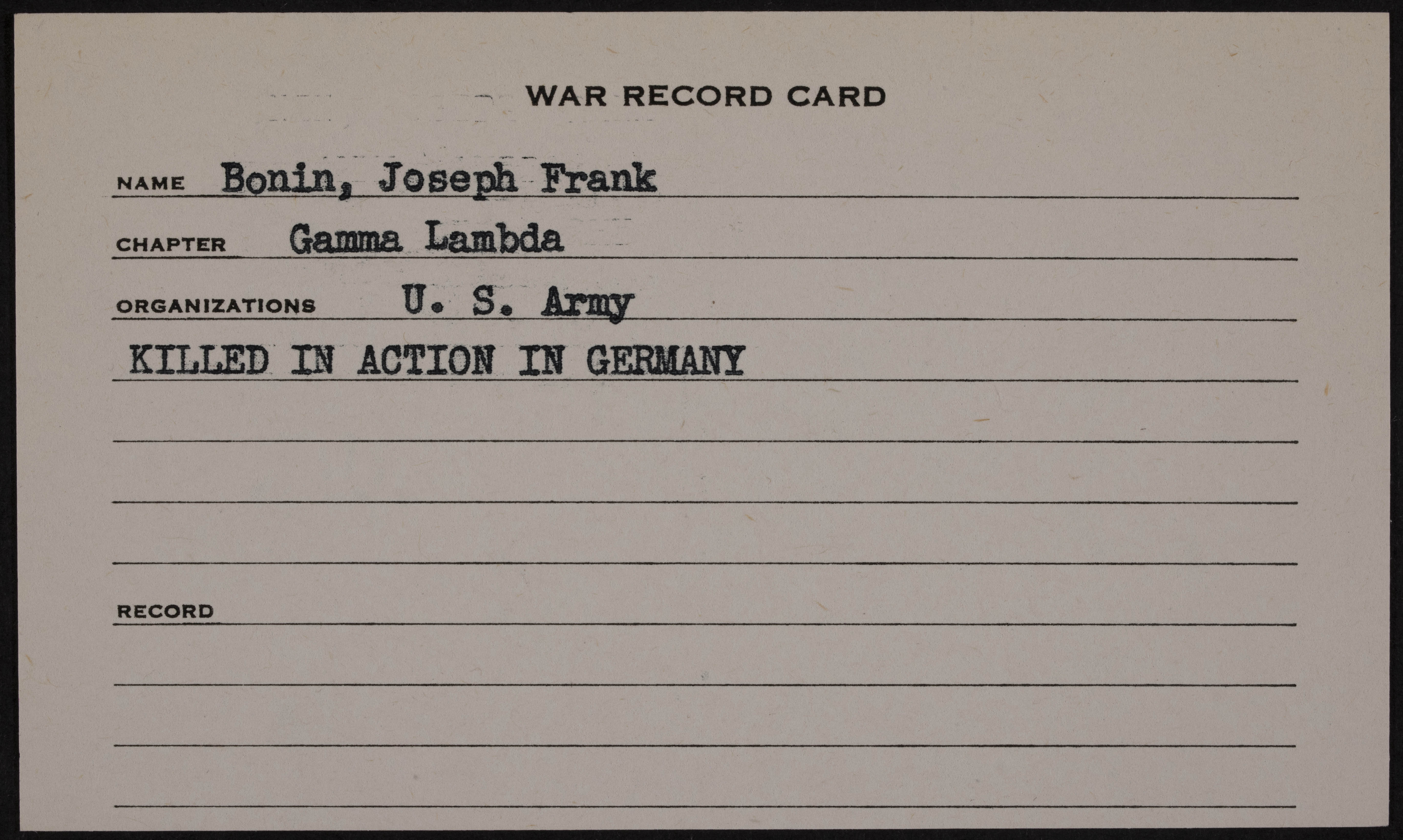 Joseph Frank Bonin War Record Card