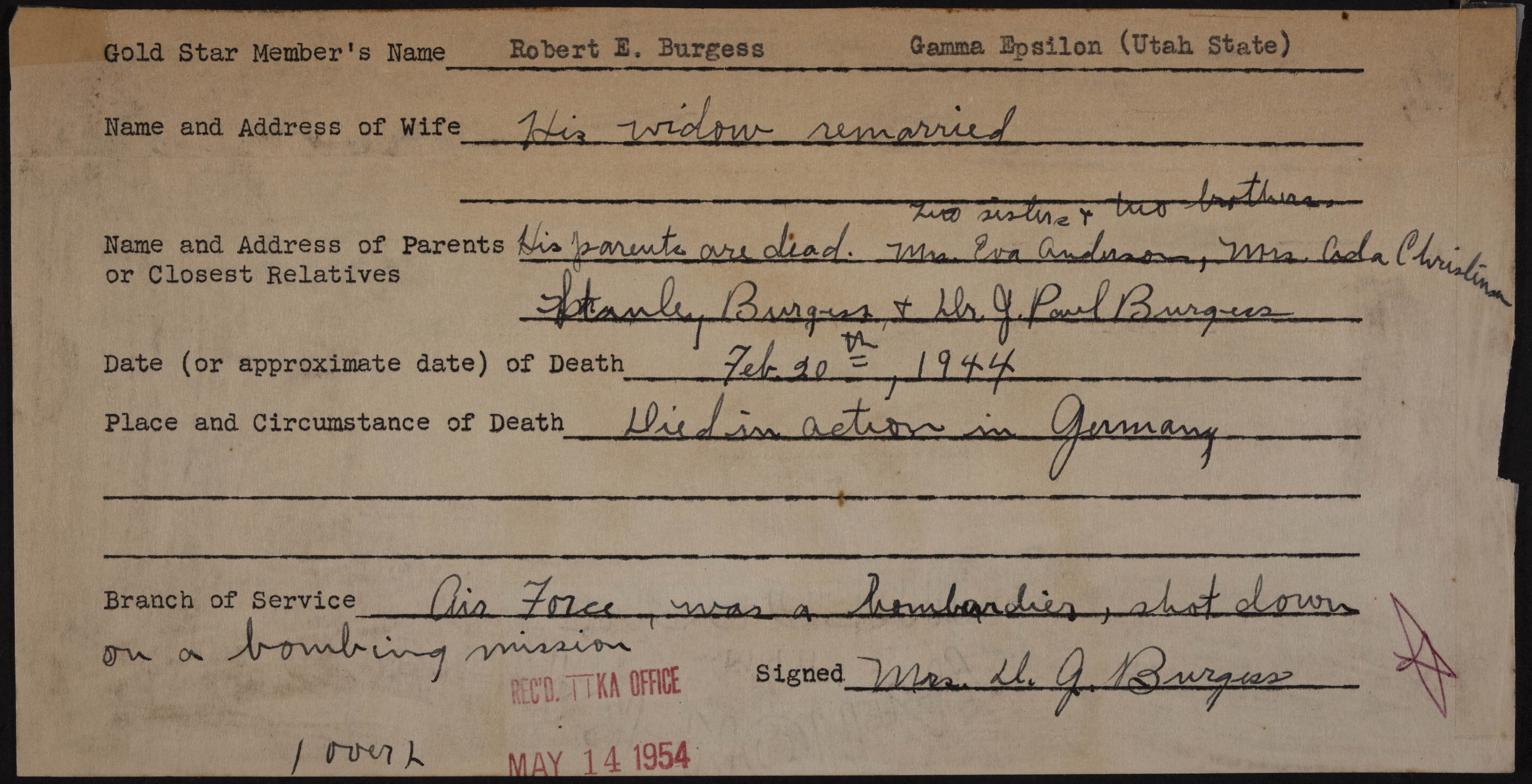 Robert E. Burgess War Record Form, May 14, 1954