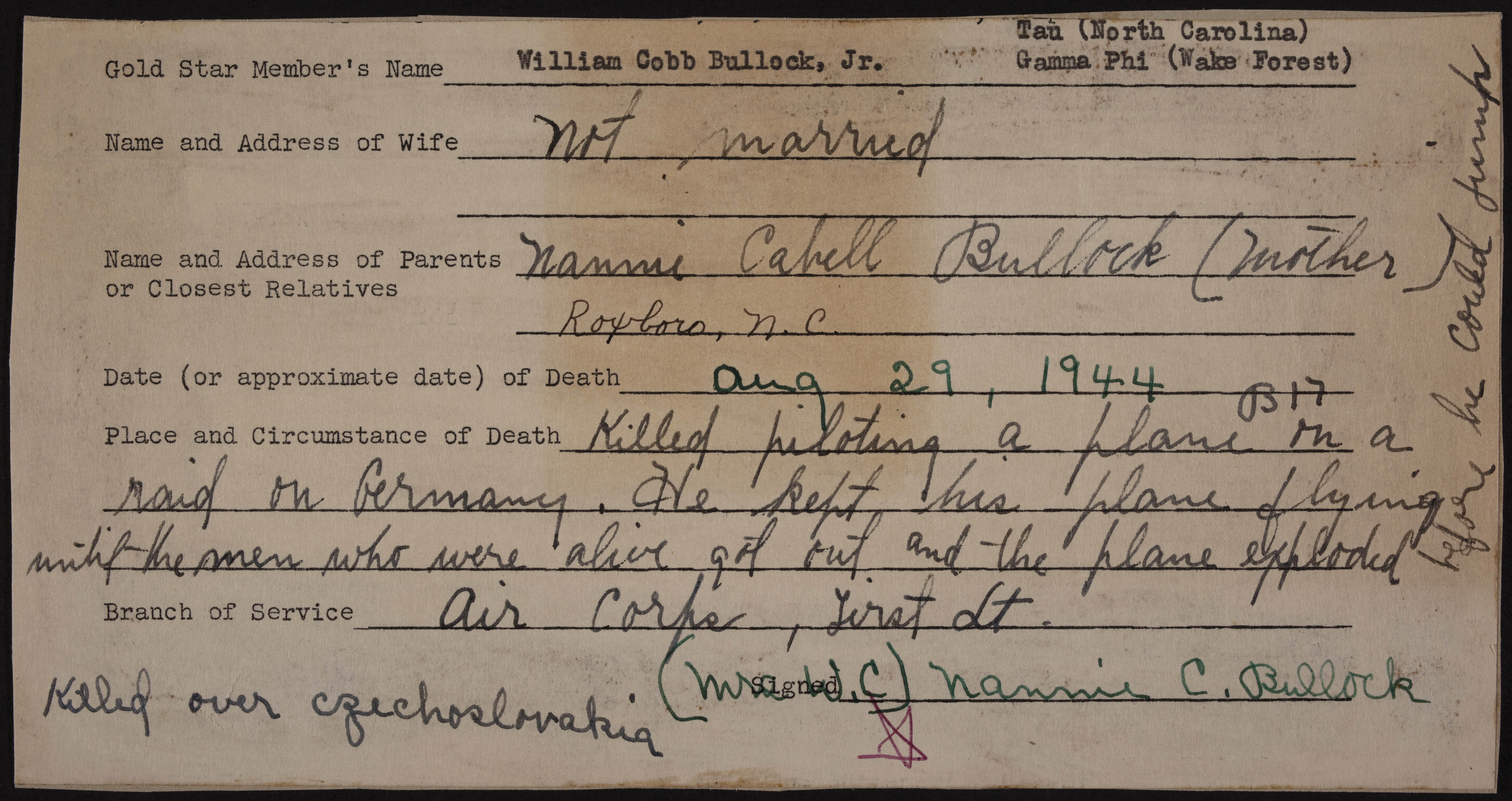 William Cobb Bullock Jr. War Record Form