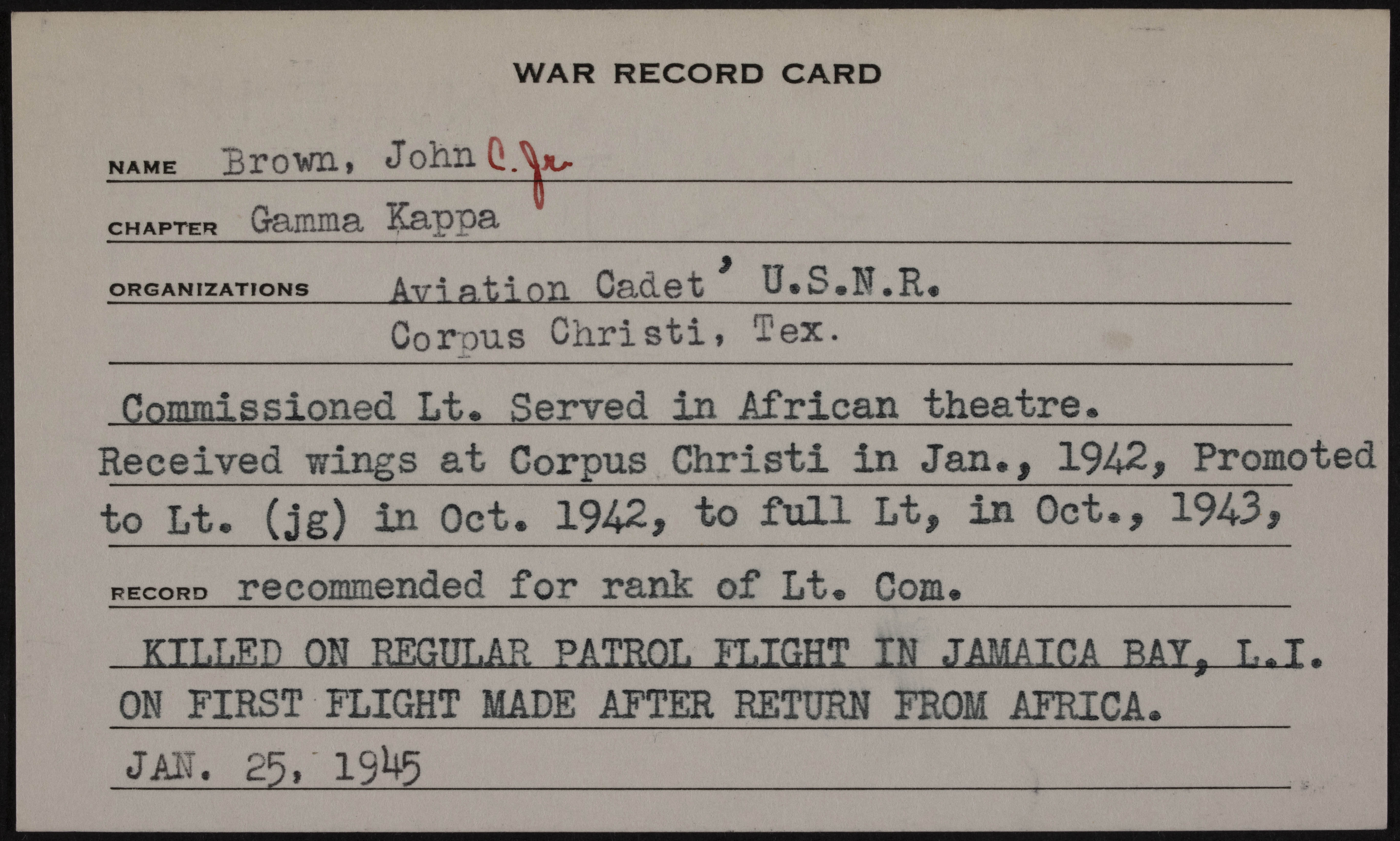John Claude Brown Jr. War Record Card