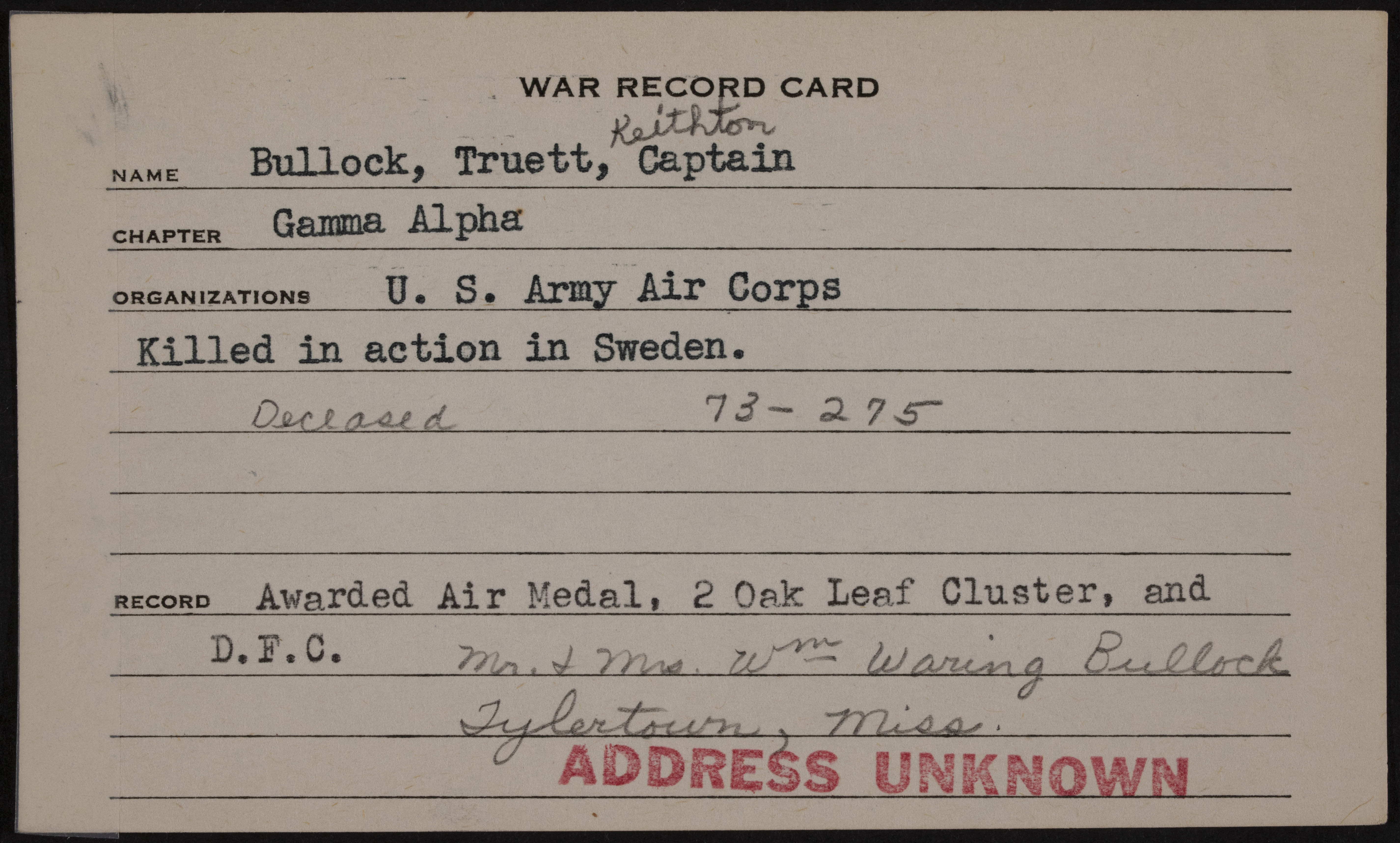 Truett Keithton Bullock War Record Card