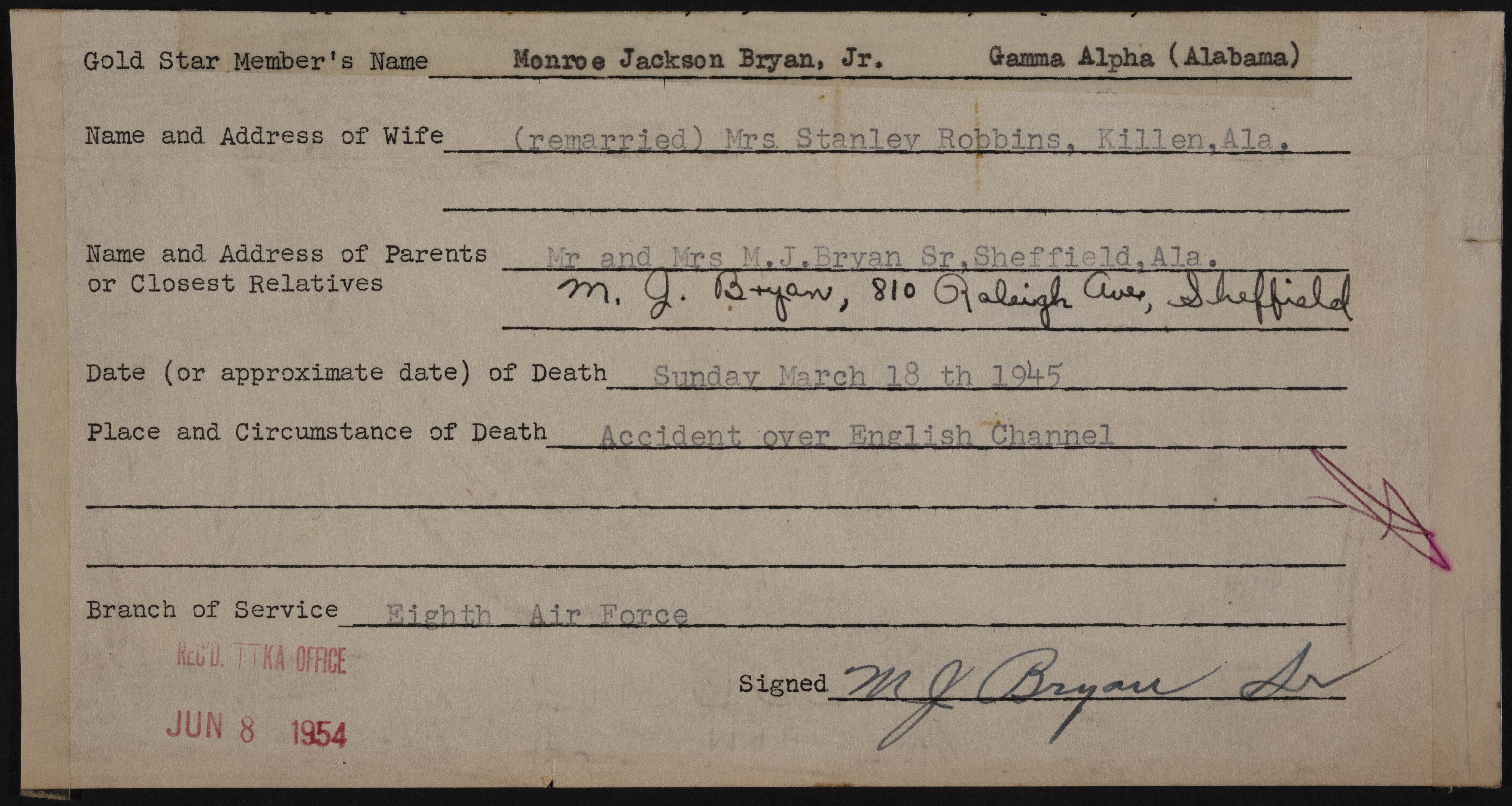 Monroe Jackson Bryan Jr. War Record Form, June 8, 1954