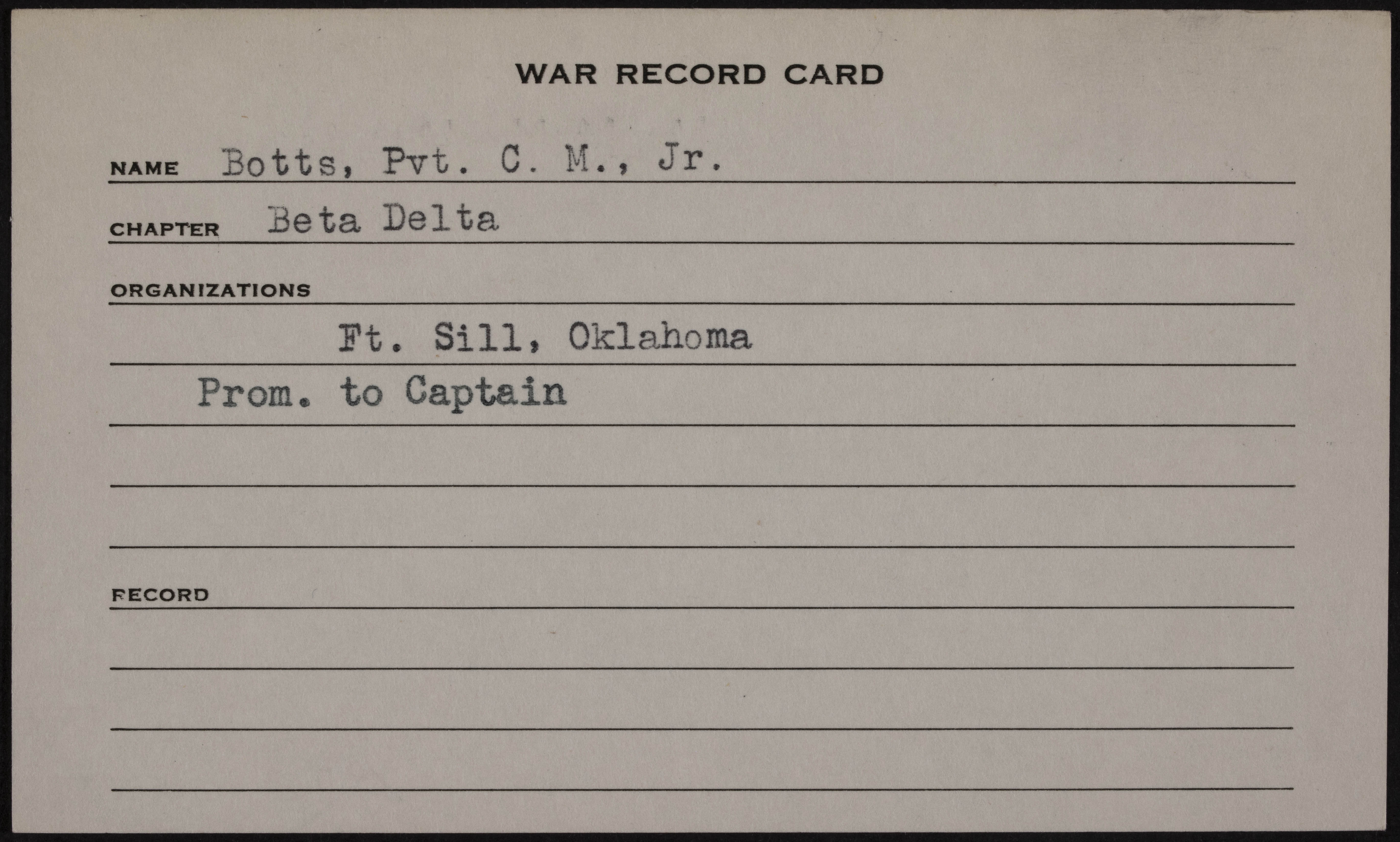 Clarence Milton Botts, Jr War Record Card