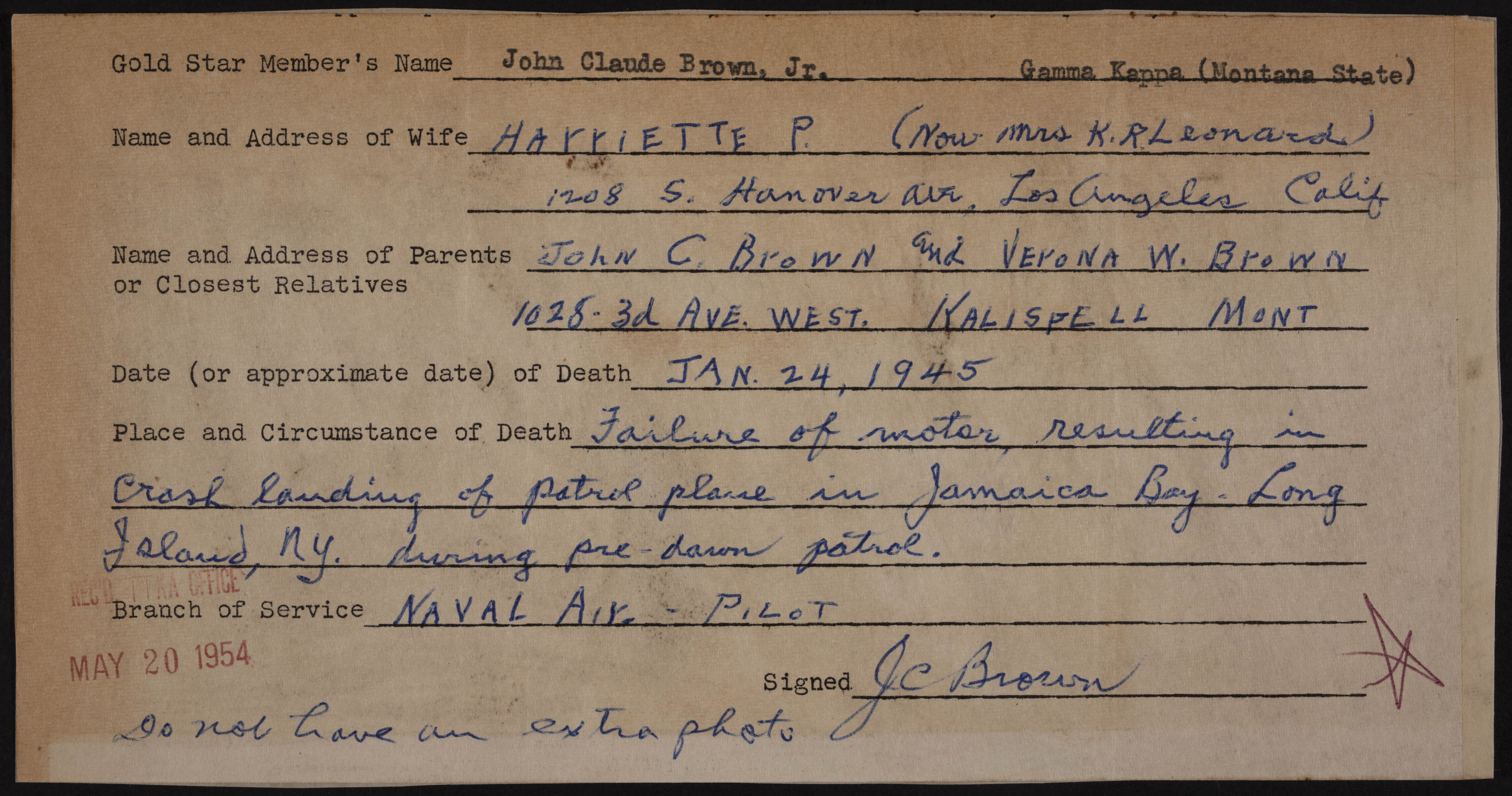 John Claude Brown Jr. War Record Form, May 20, 1954