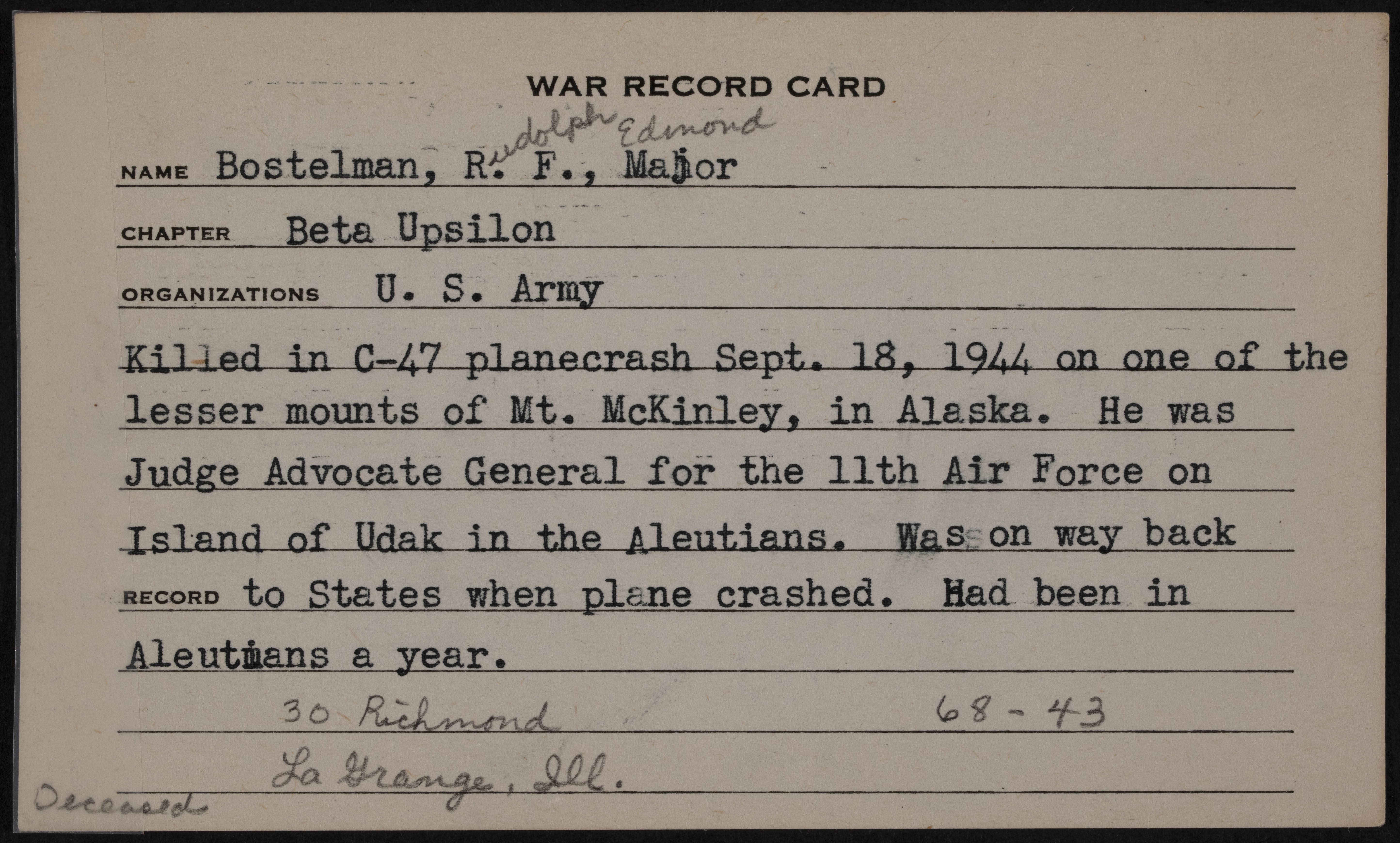Rudolph Edmond Bostelman War Record Form