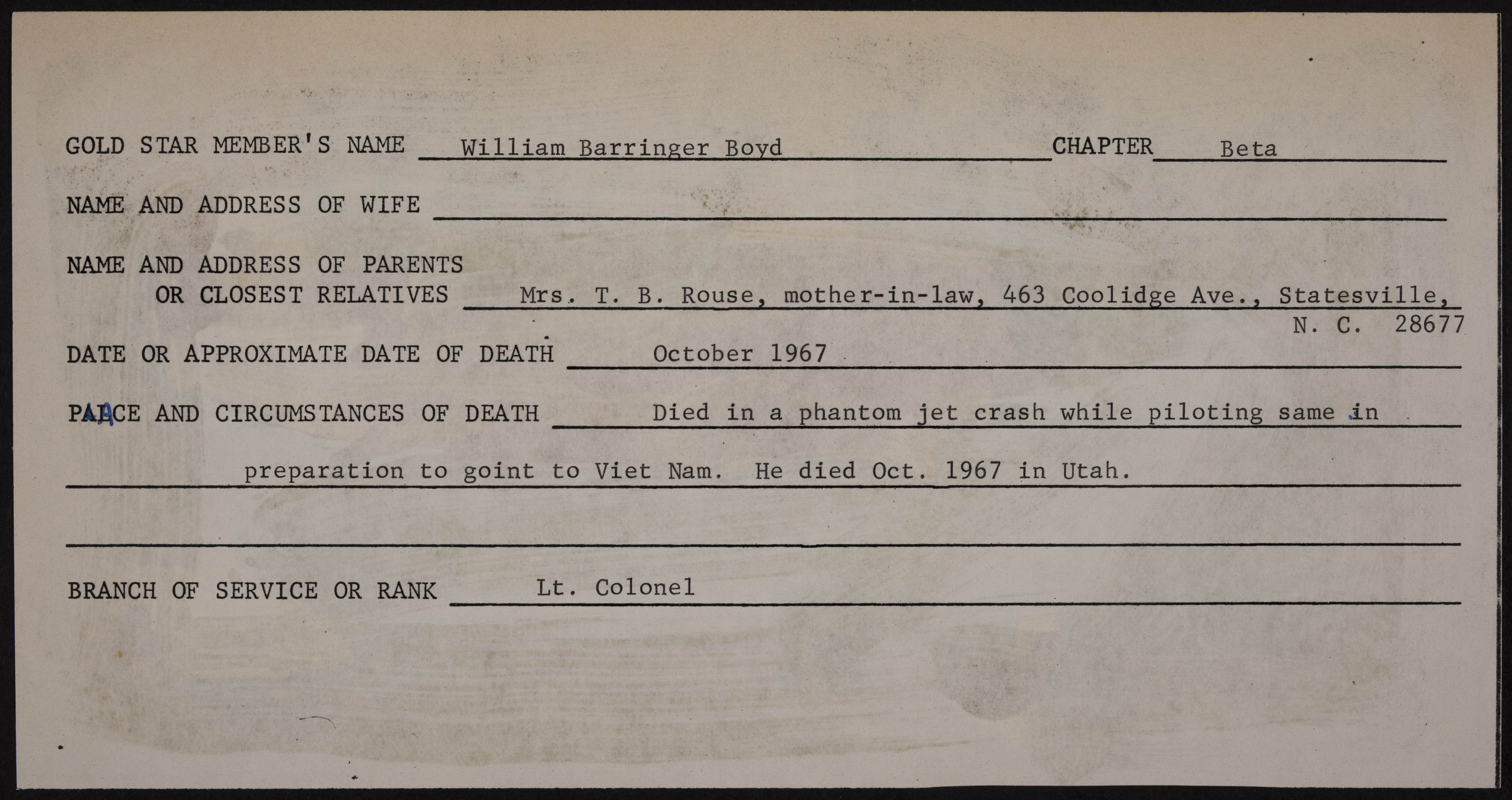 William Barringer Boyd War Record Form