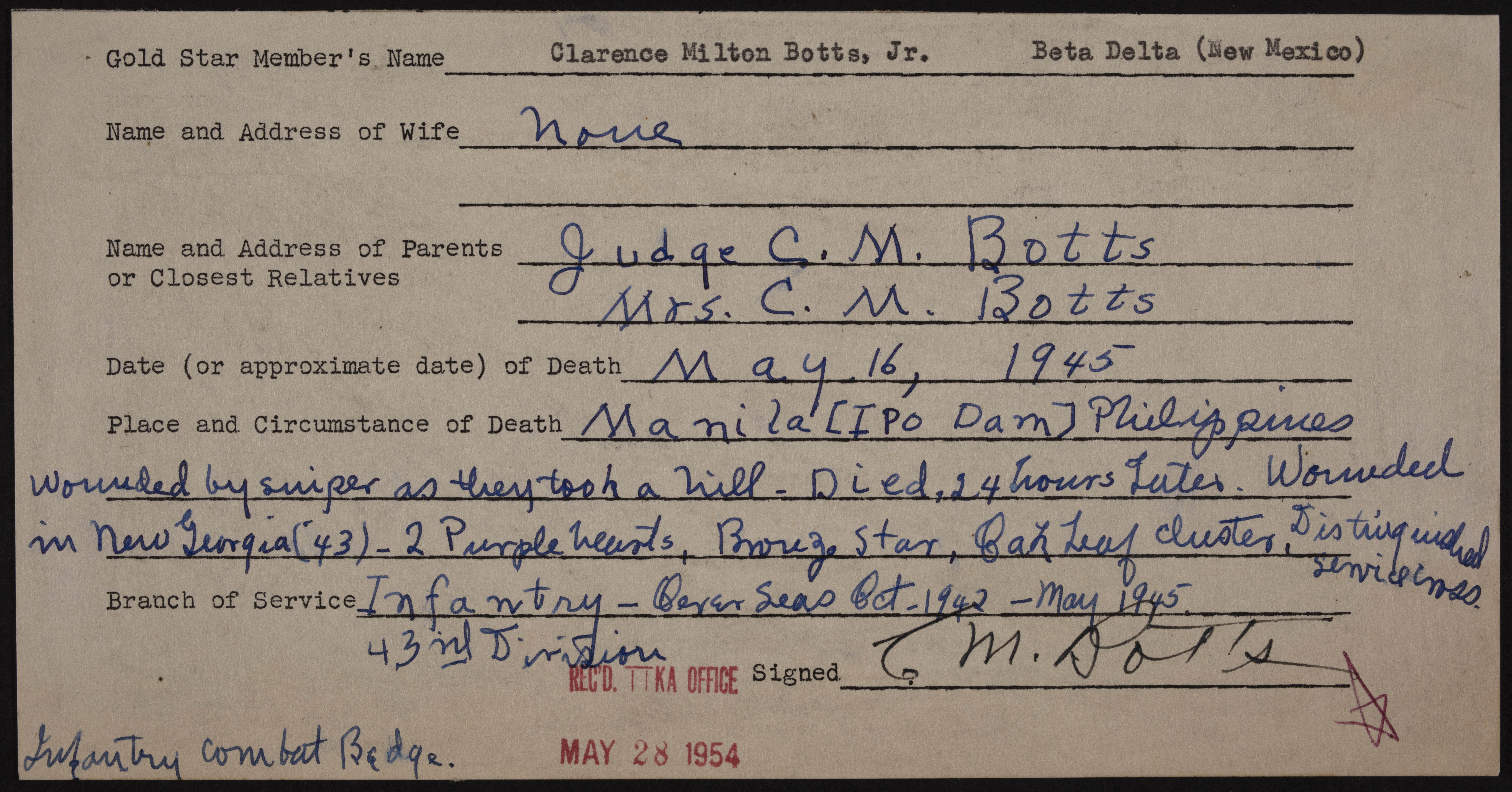 Clarence Milton Botts, Jr War Record Form, May 28, 1954