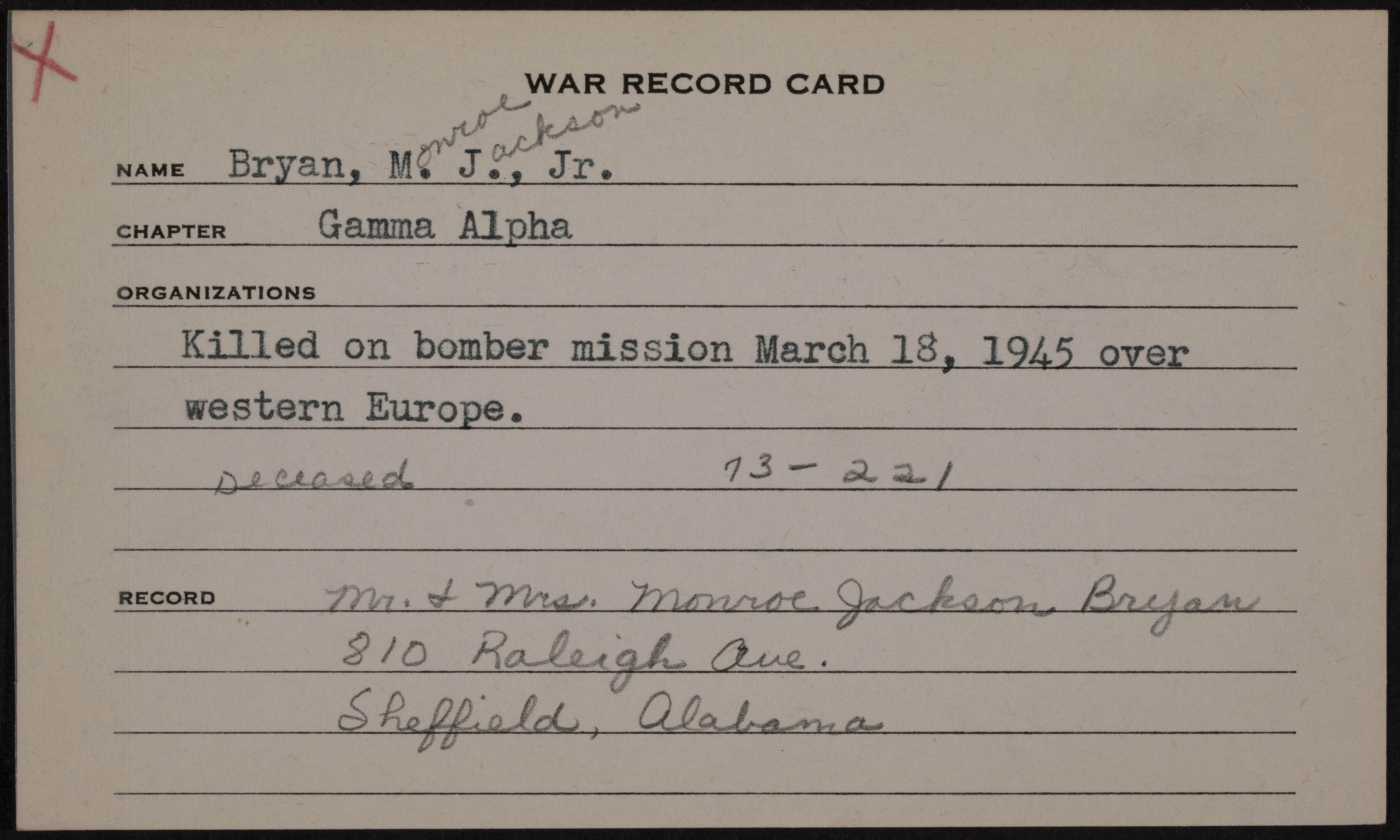 Monroe Jackson Bryan Jr. War Record Card