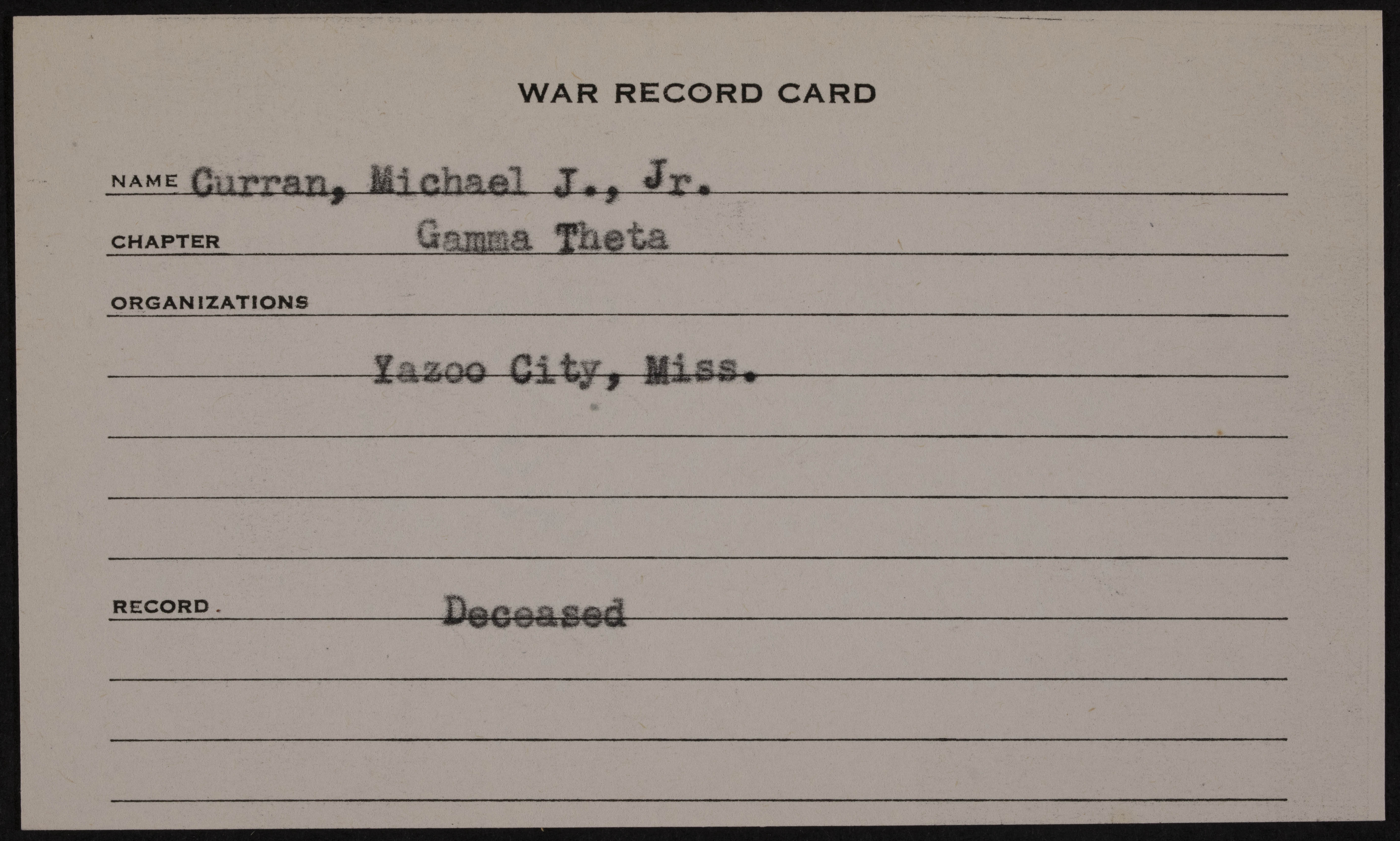 Michael J. Curran Jr. War Record Card