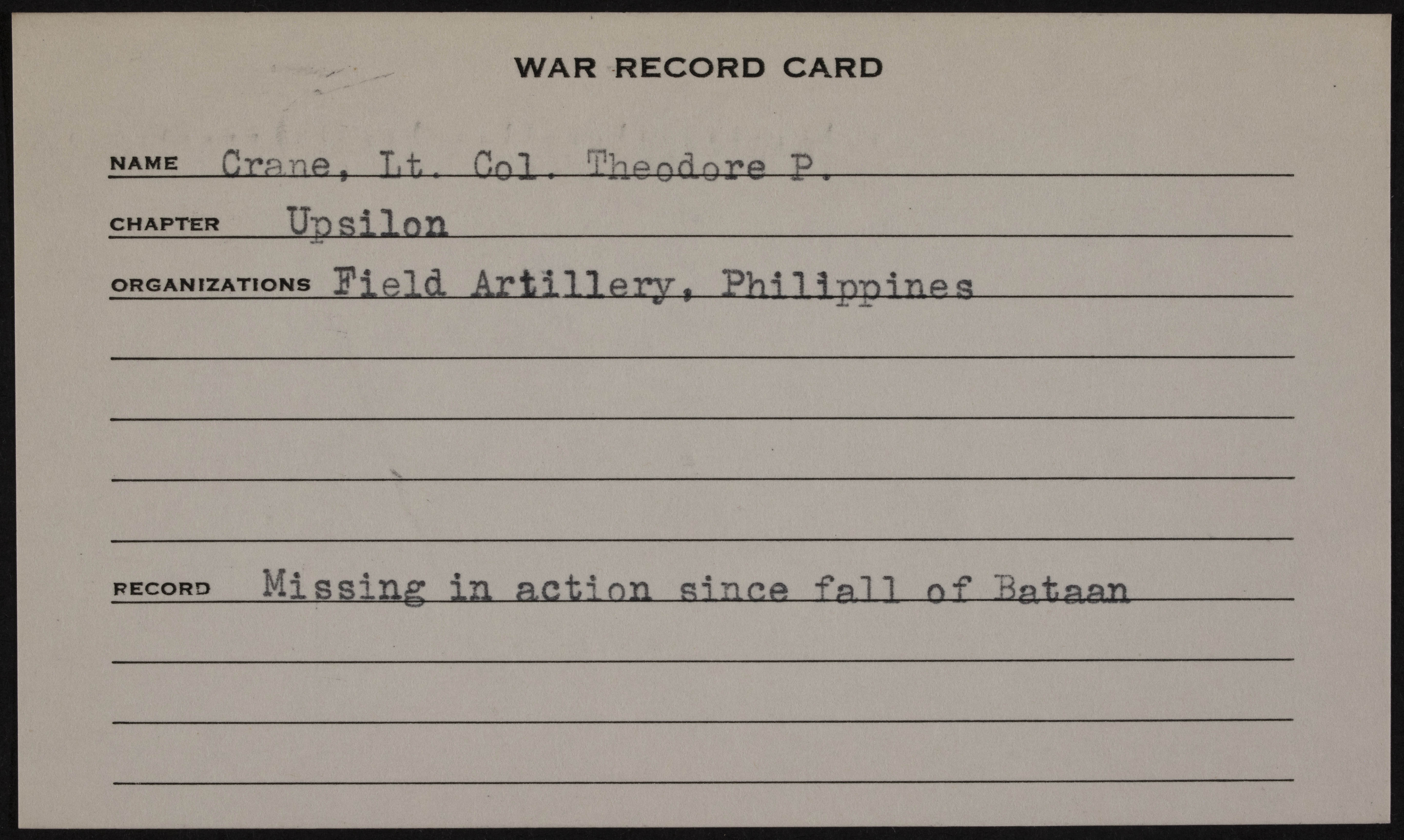 Theodore Poole Crane War Record Card