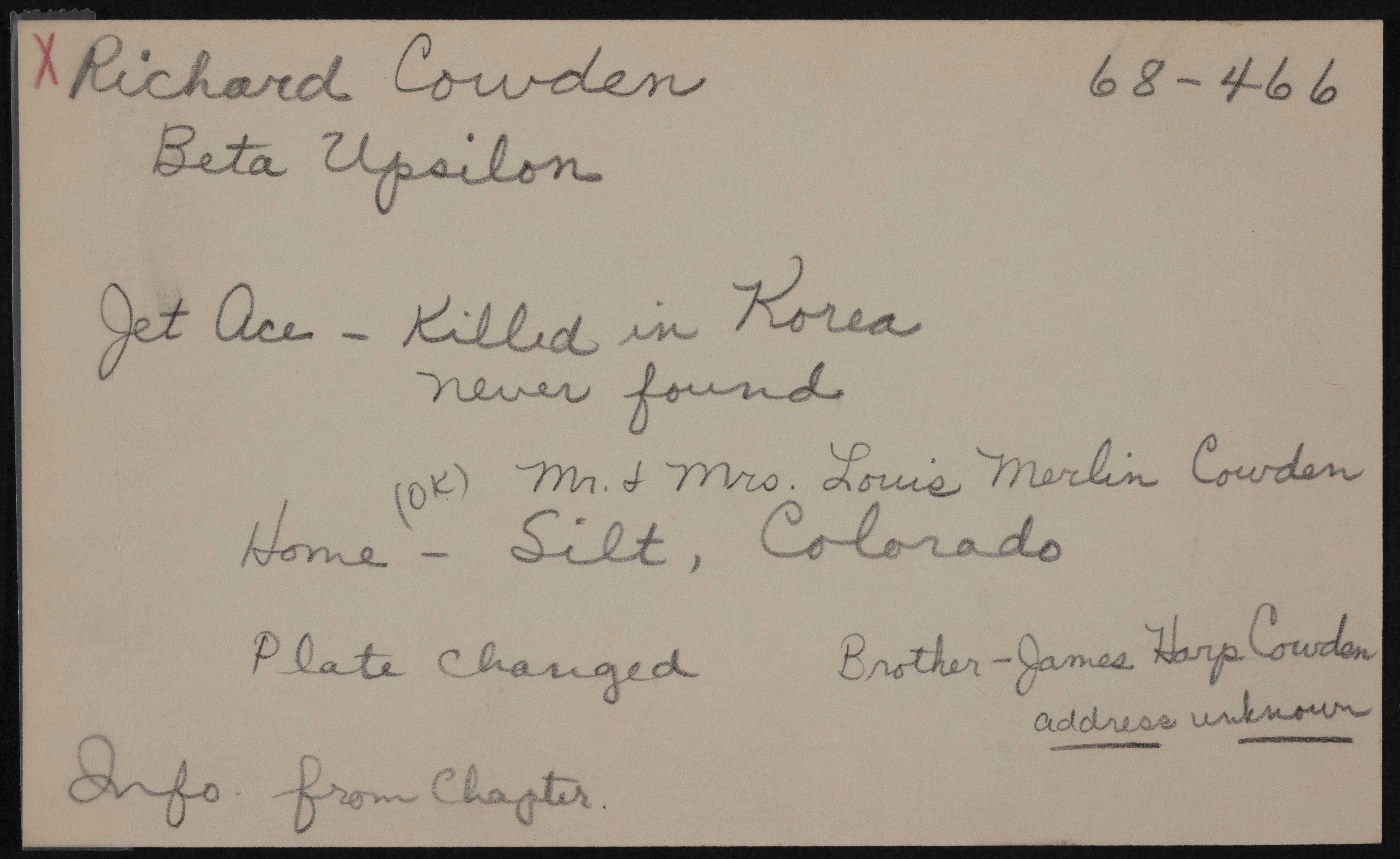 Richard M. Cowden War Record Card