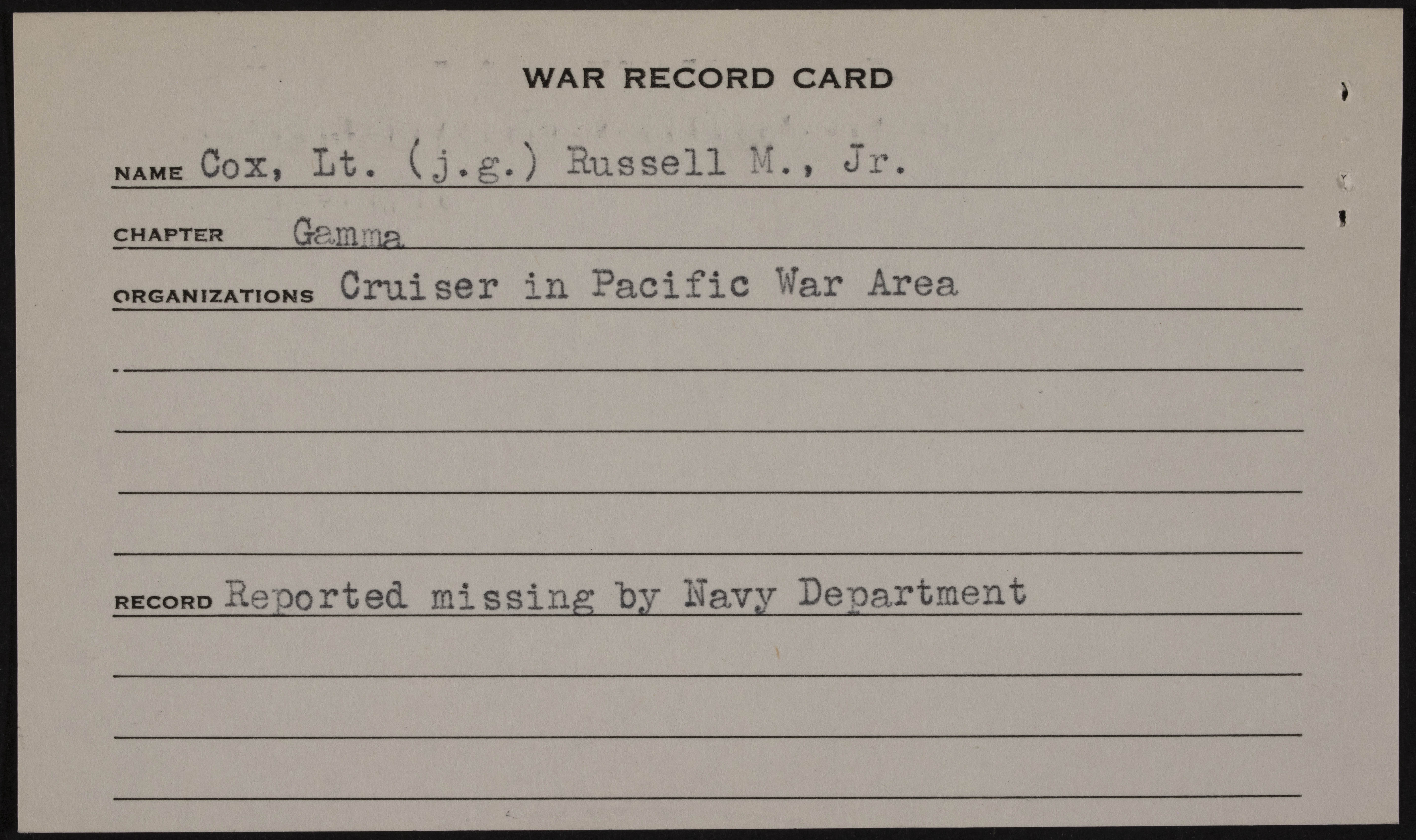 Russell Mills Cox Jr. War Record Card