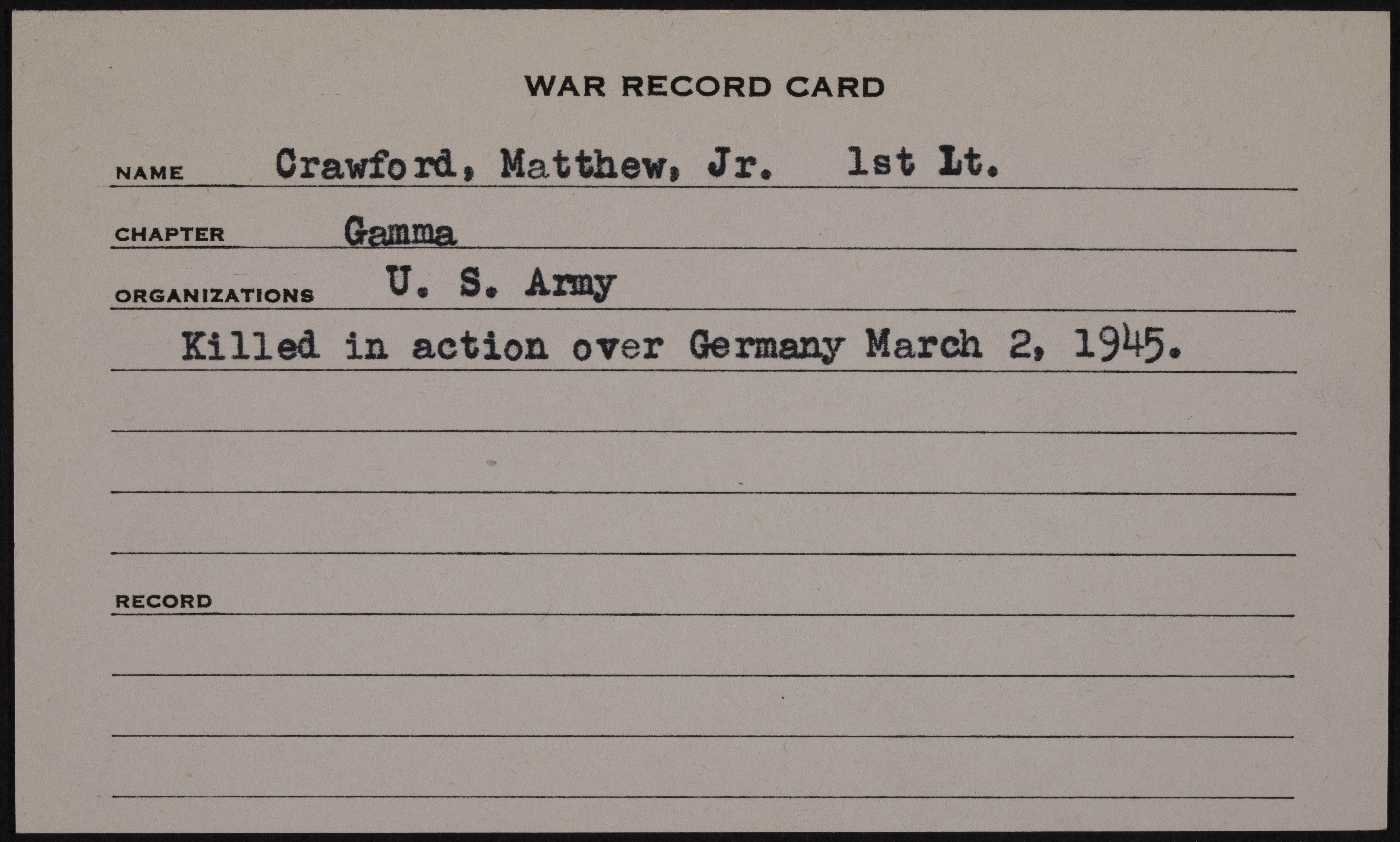 Matthew Crawford Jr. War Record Card