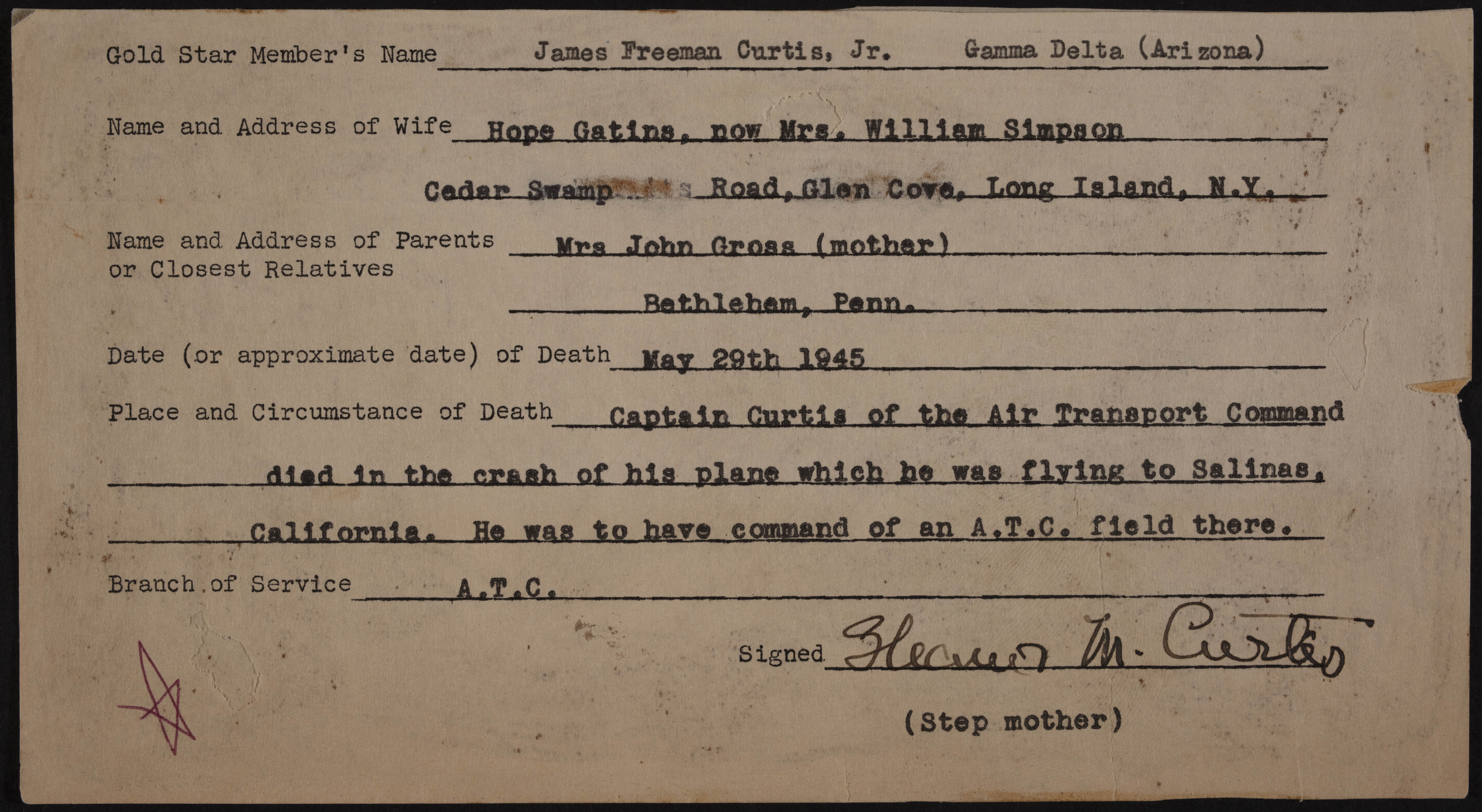 James Freeman Curtis Jr. War Record Form