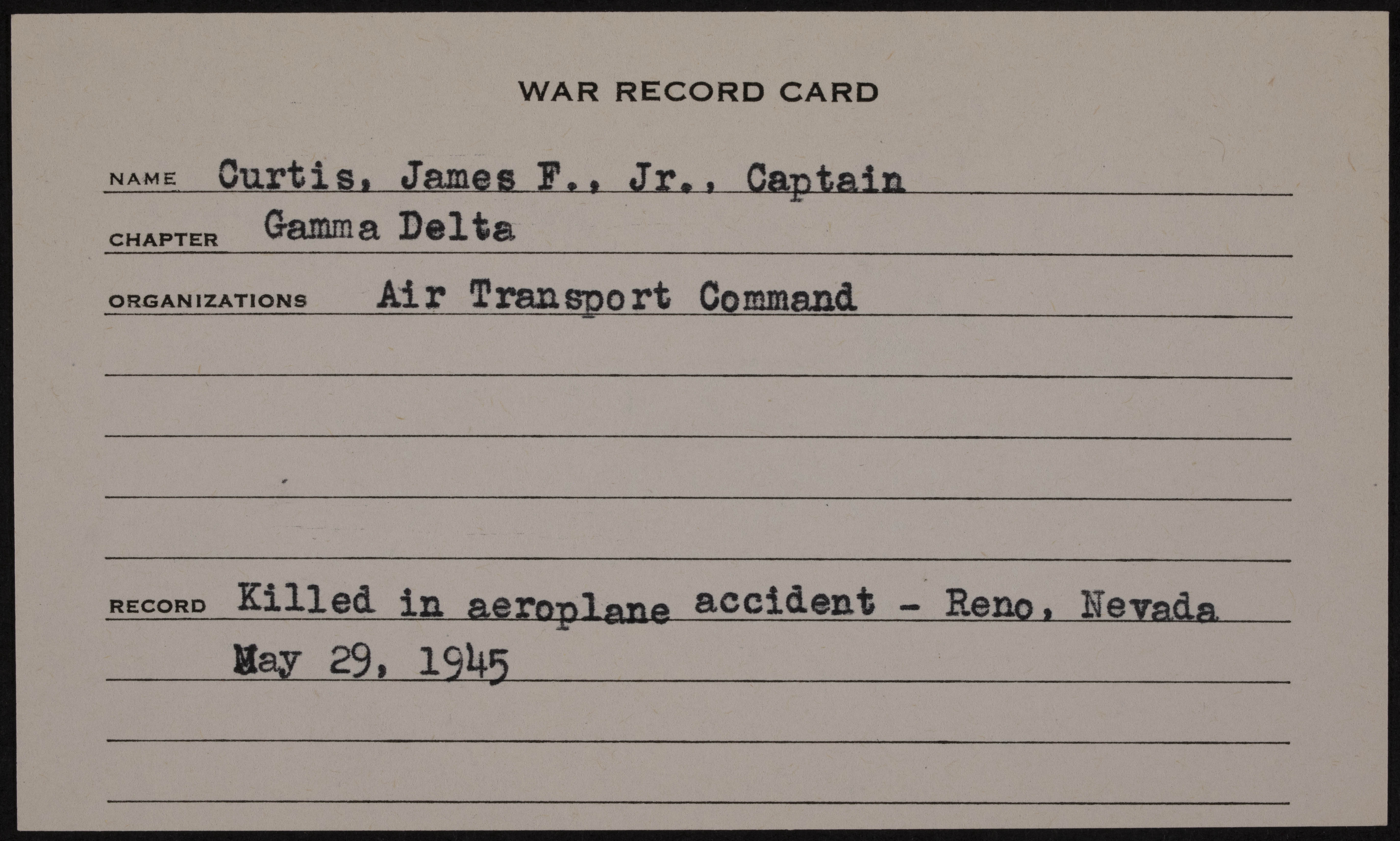 James Freeman Curtis Jr. War Record Card