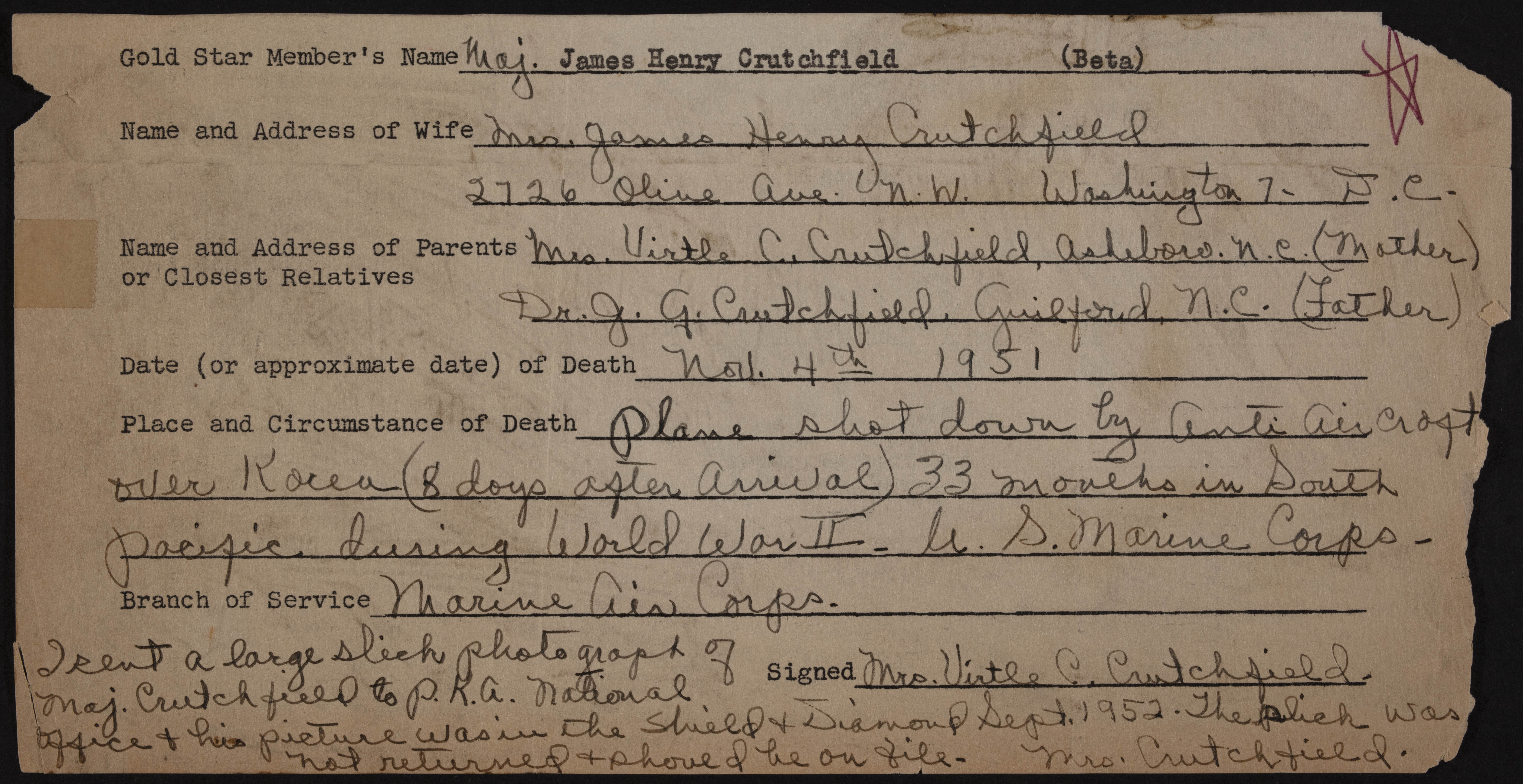 James Henry Crutchfield War Record Form