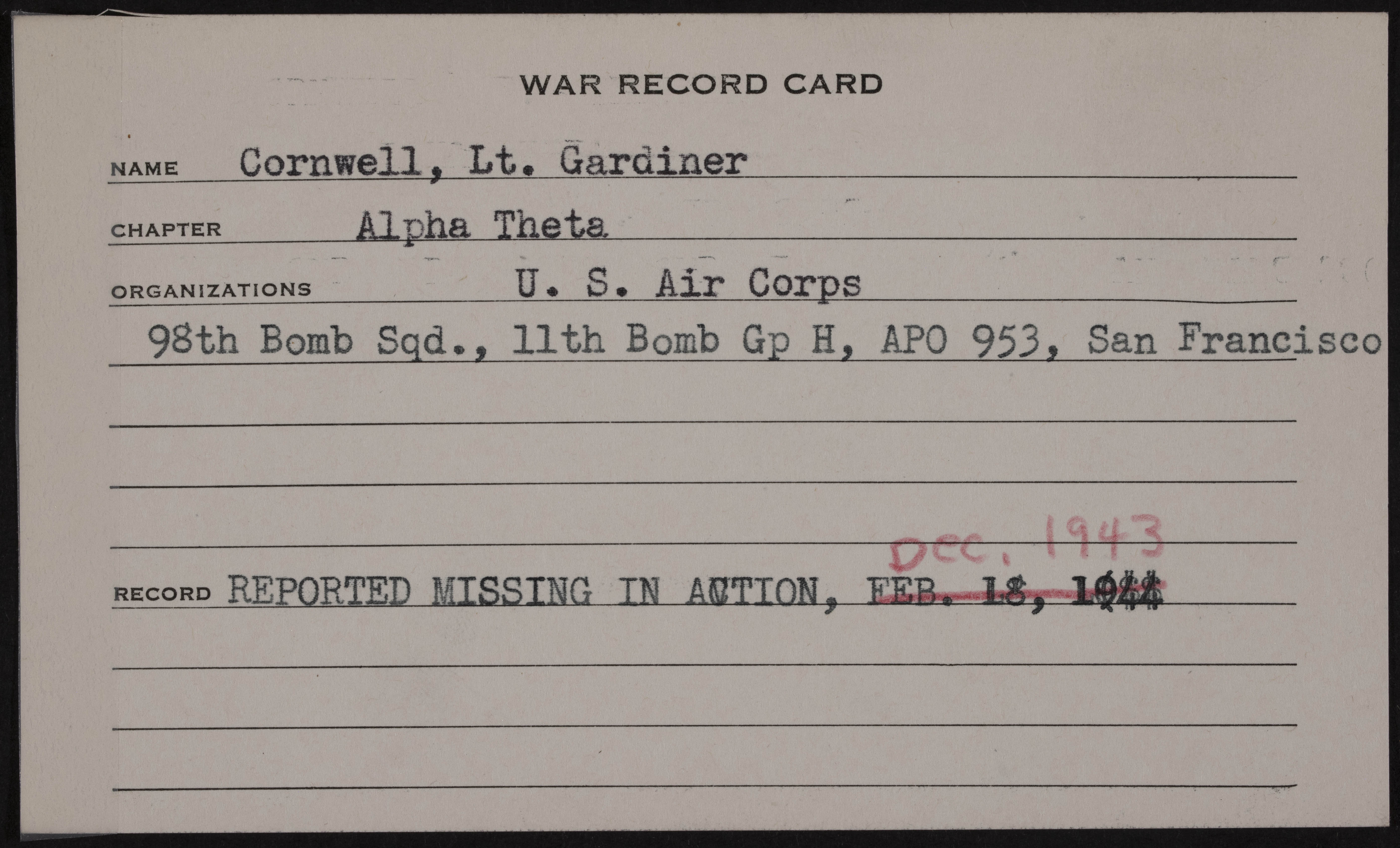 Gardiner Cornwell Jr. War Record Card