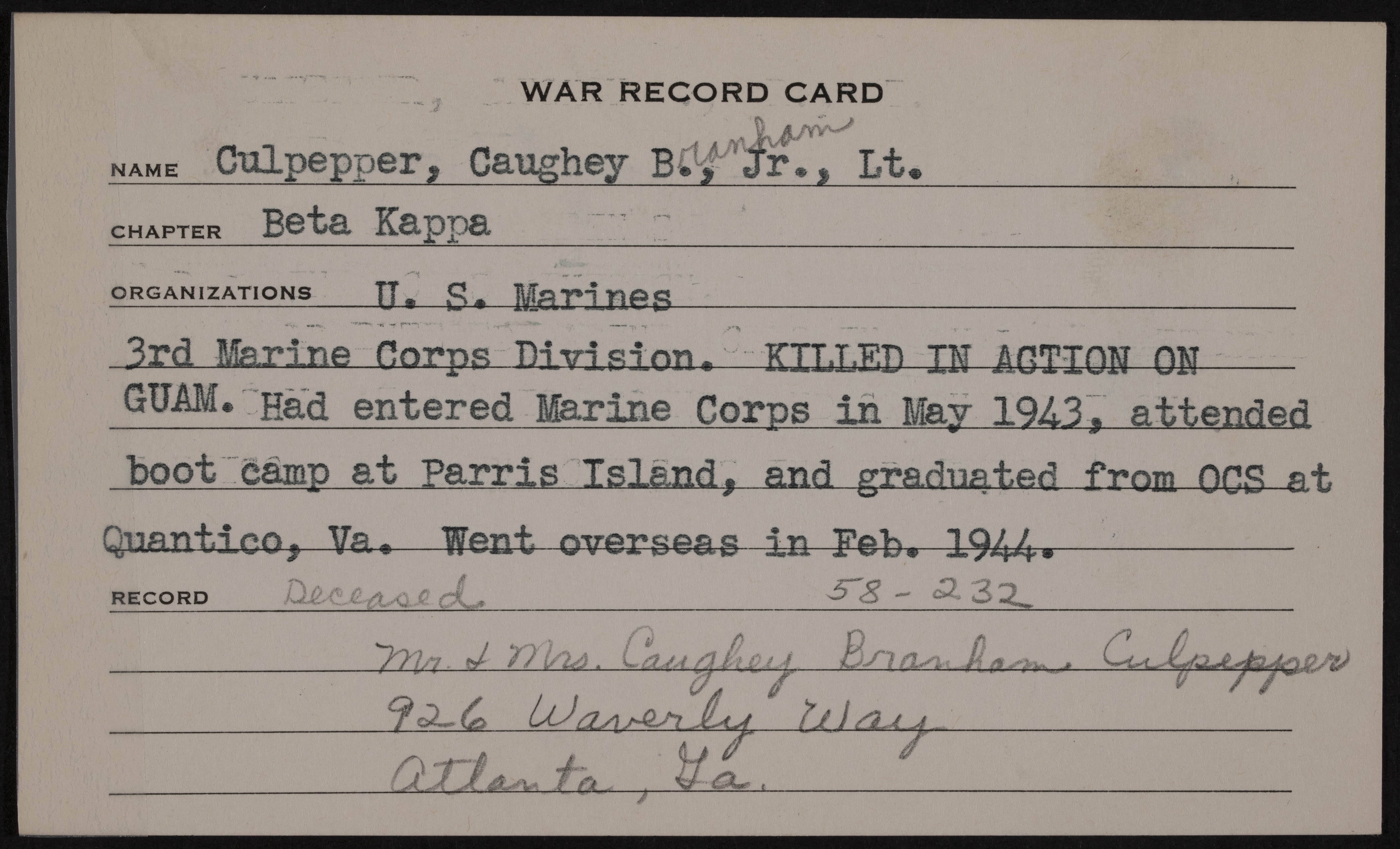 Caughey Branham Culpepper Jr. War Record Card