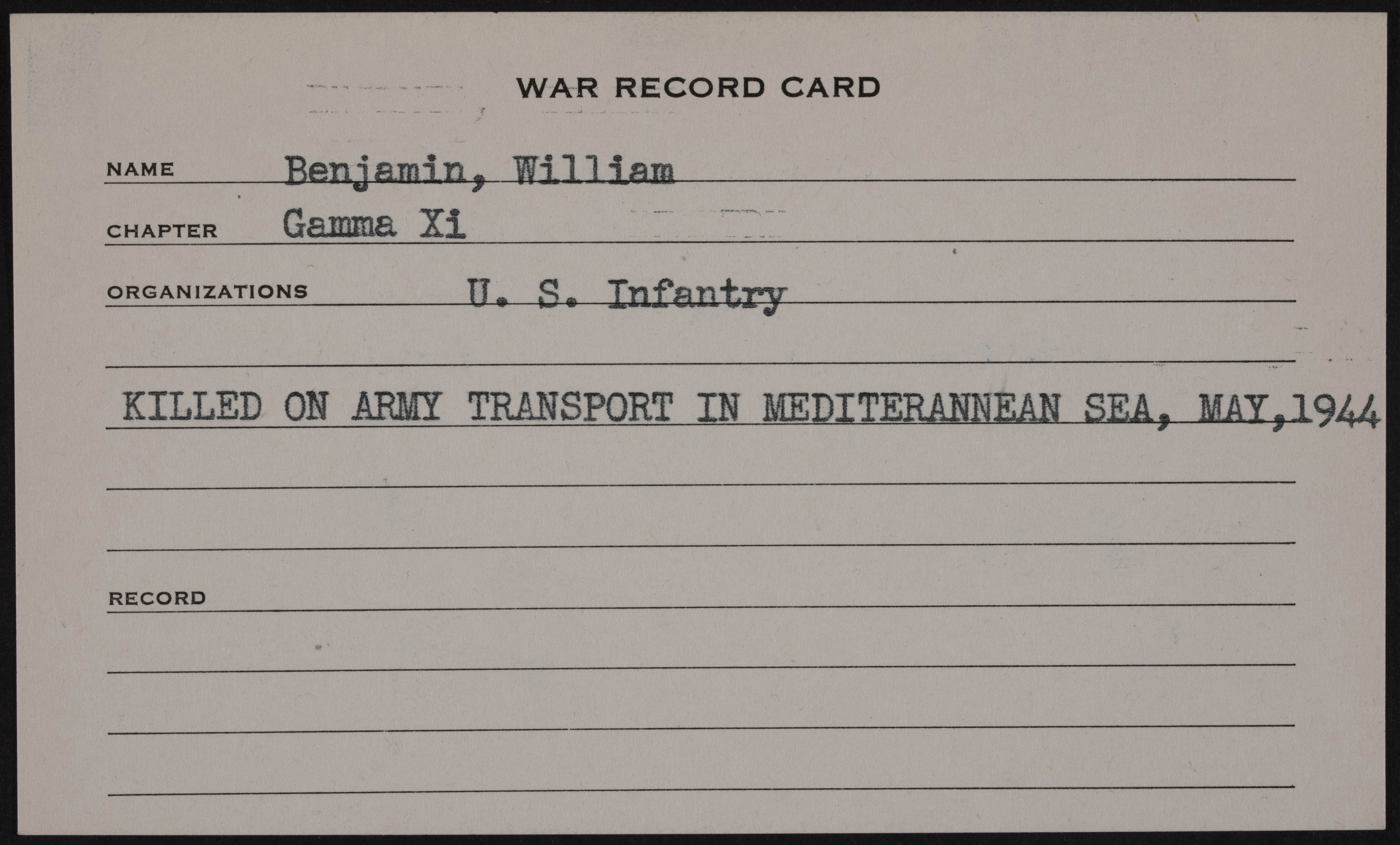 William R. Benjamin War Record Card