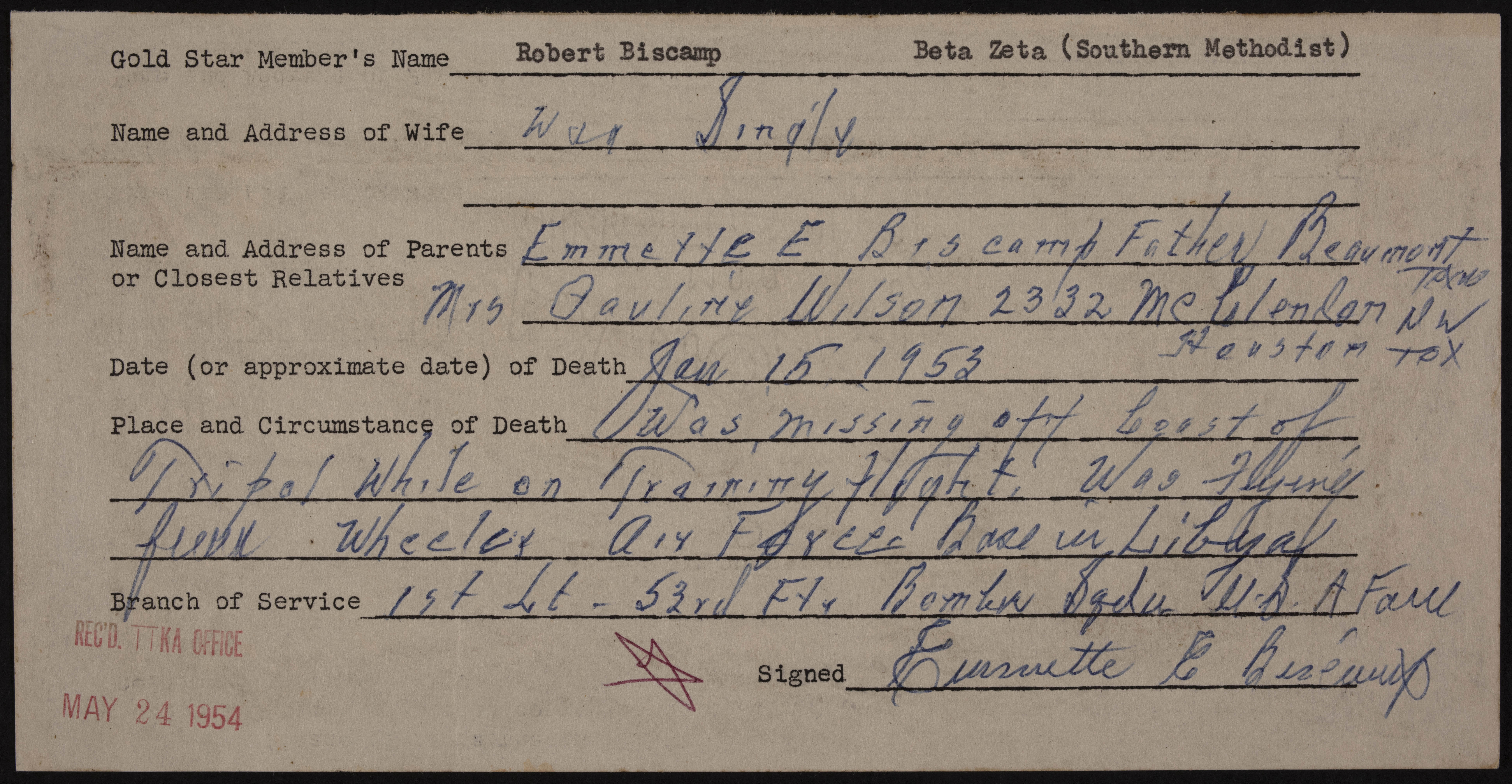 Robert Biscamp War Record Form